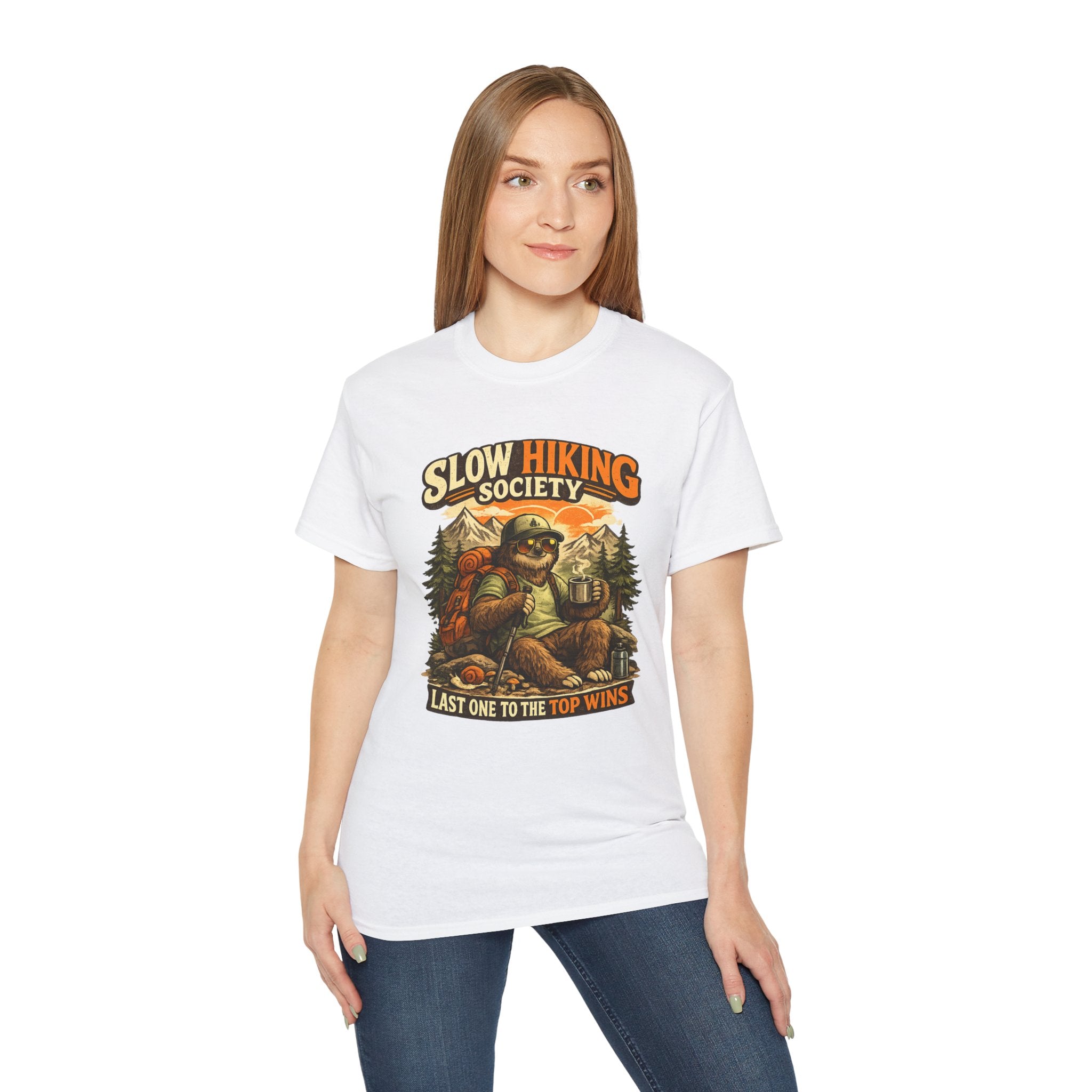 Slow Hiking Society T-Shirt — "Last One to the Top Wins" Vintage Outdoor Tee
