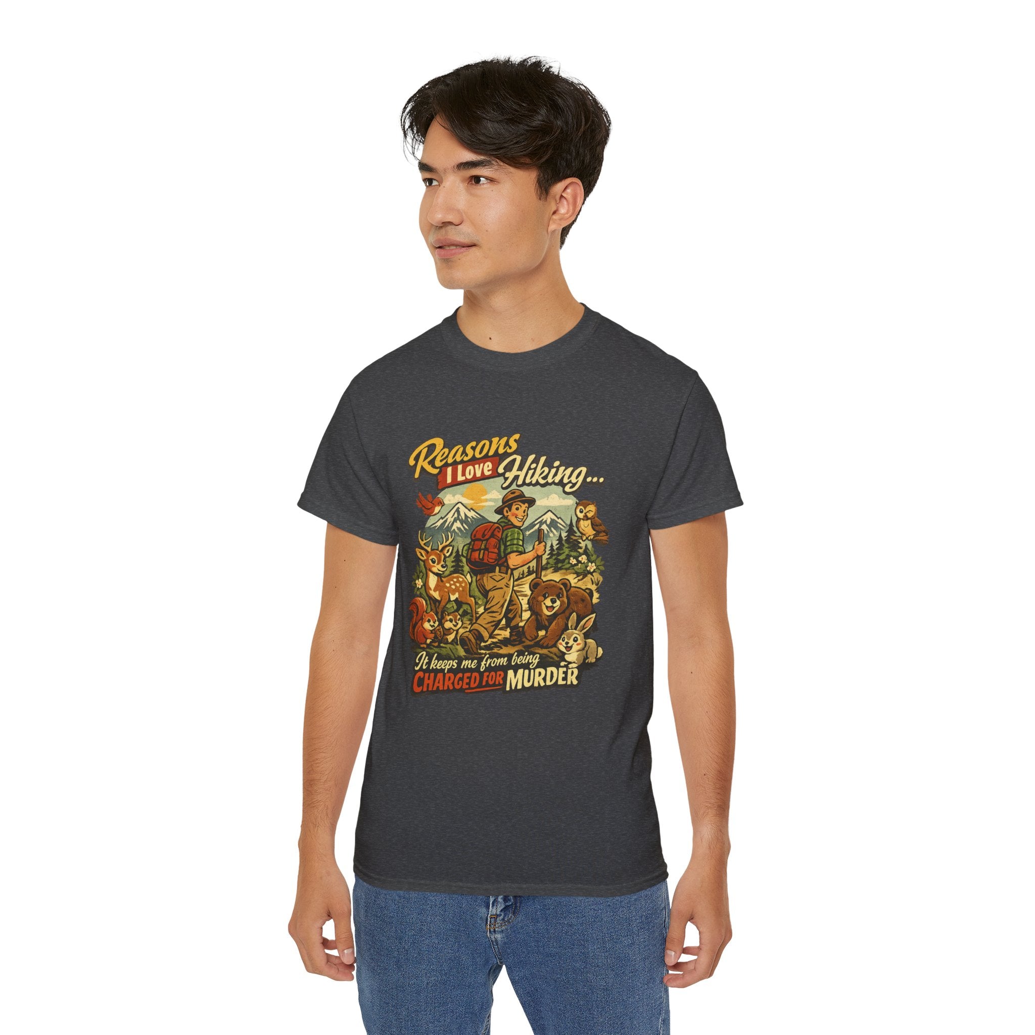 Hiking T-Shirt — Men’s "Reasons I Love Hiking... It Keeps Me From Being Charged For Murder" Vintage Outdoor Tee