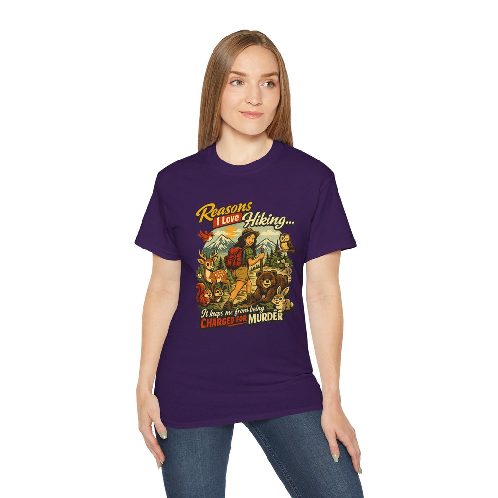 Hiking T-Shirt — "Reasons I Love Hiking... It Keeps Me From Being Charged For Murder" Retro Outdoor Tee