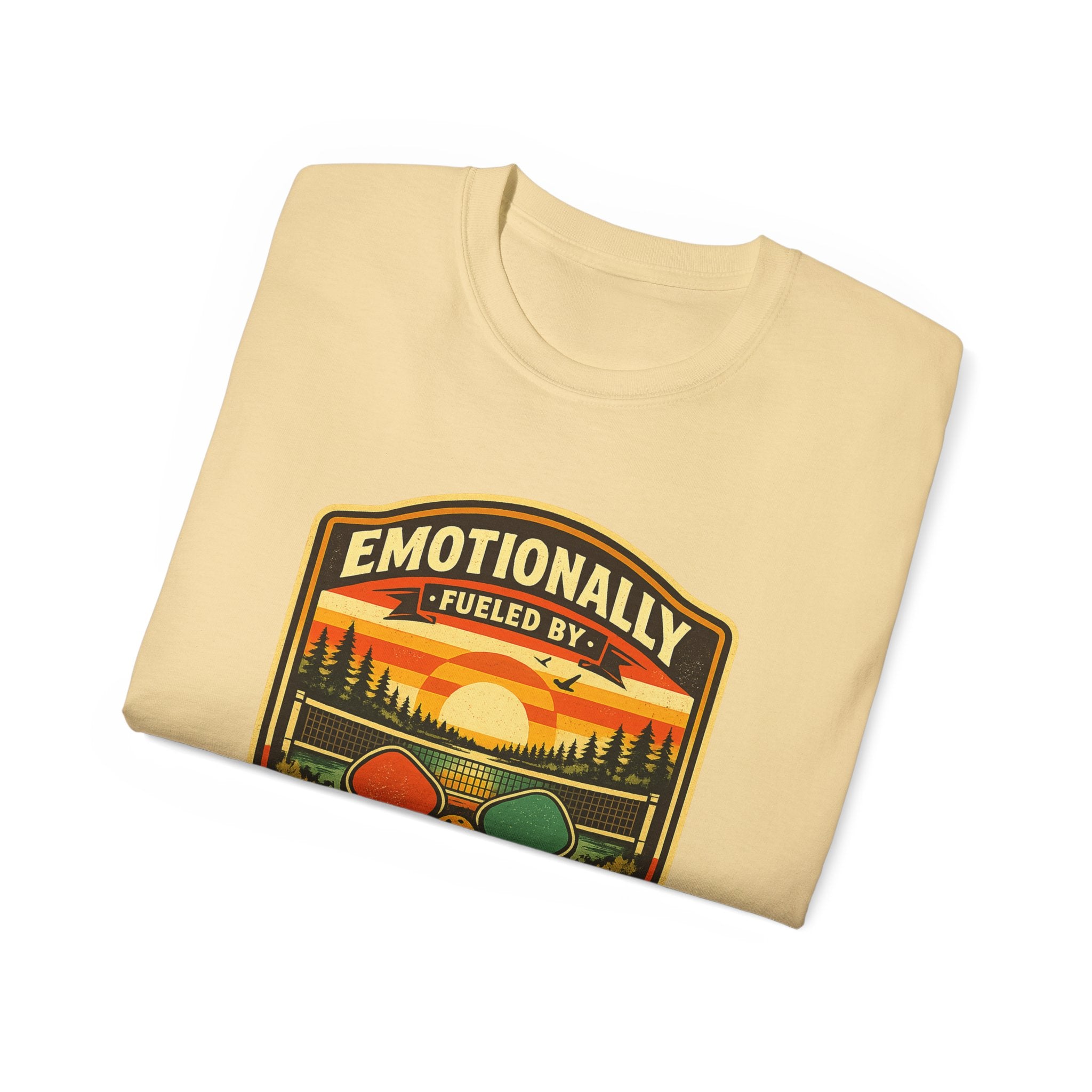Pickleball Sunset Badge T‑Shirt  Emotionally Fueled by Pickleball