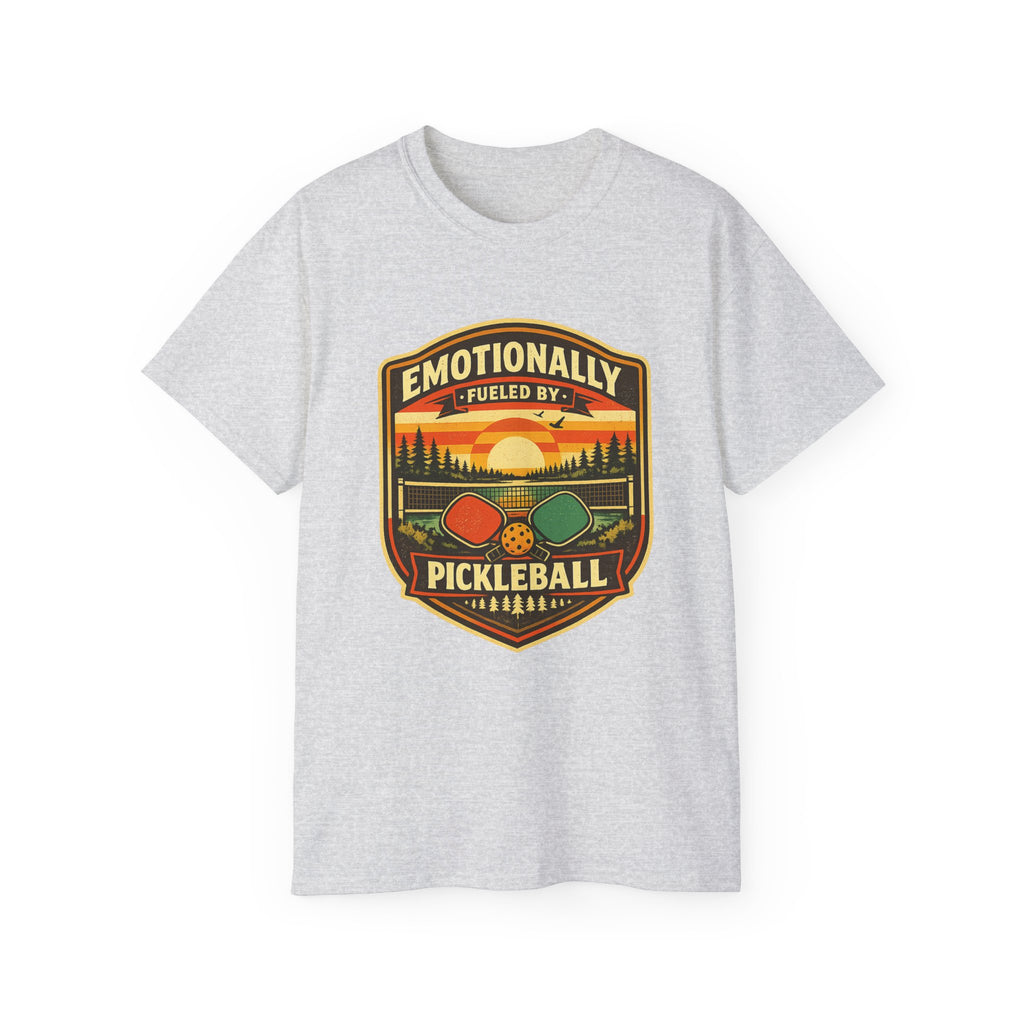 Pickleball Sunset Badge T‑Shirt  Emotionally Fueled by Pickleball