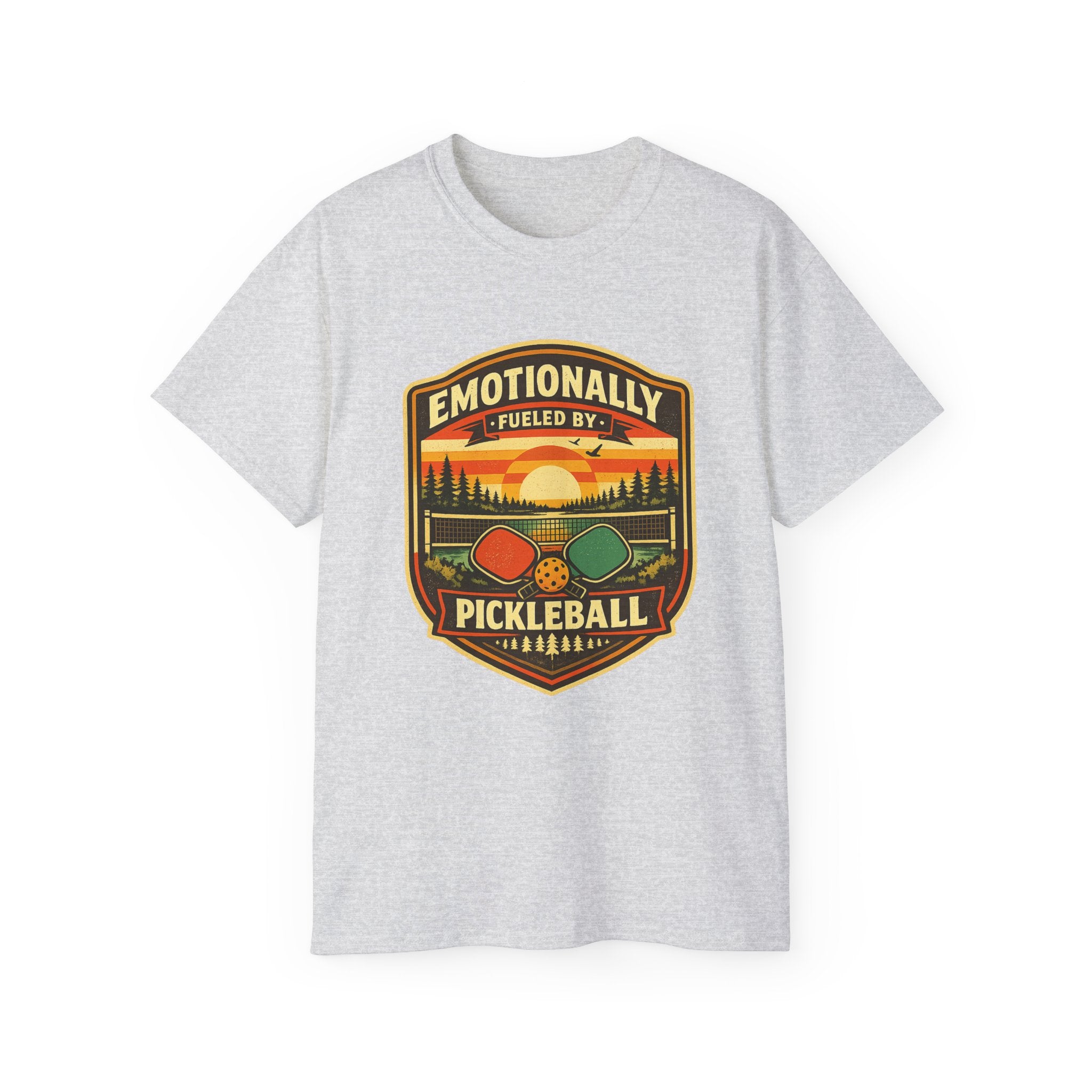 Pickleball Sunset Badge T‑Shirt  Emotionally Fueled by Pickleball