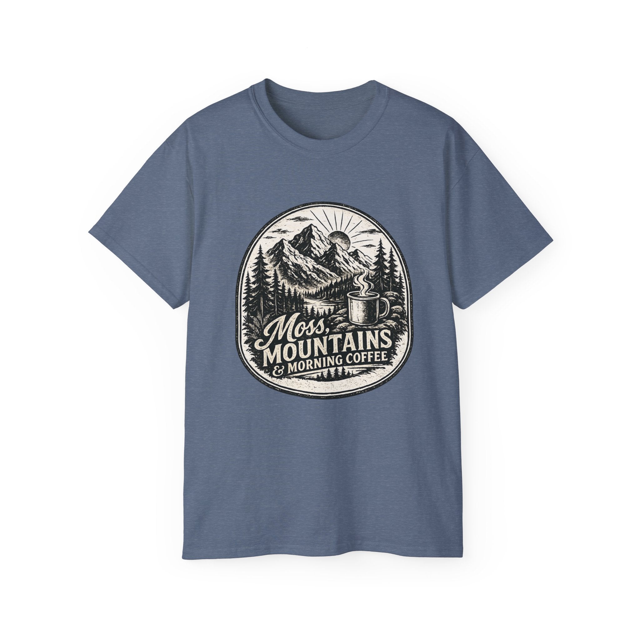 Moss, Mountains & Morning Coffee T-Shirt — Vintage Camping Coffee Tee