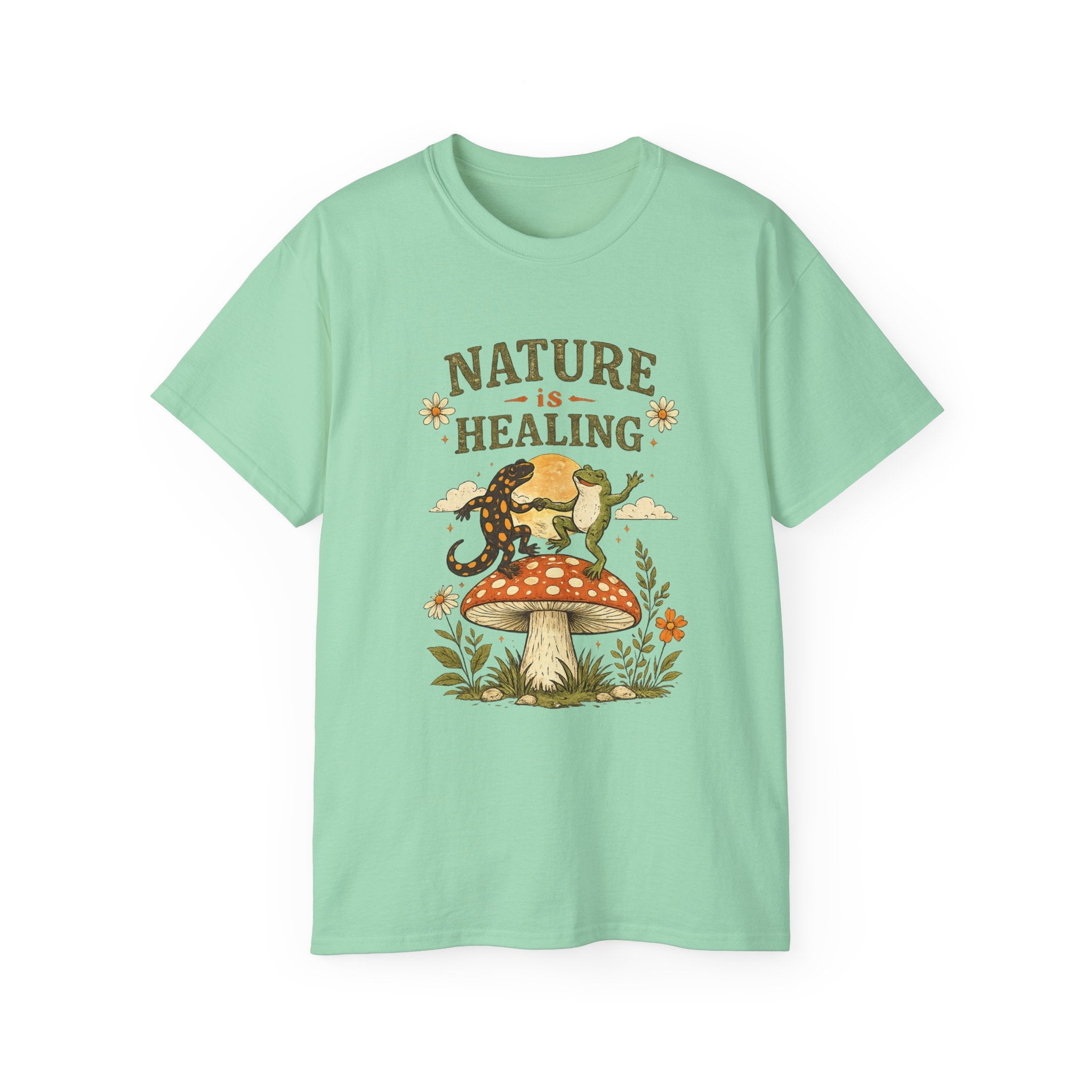 Nature Is Healing T‑Shirt — Retro Mushroom & frog lizard Graphic Tee