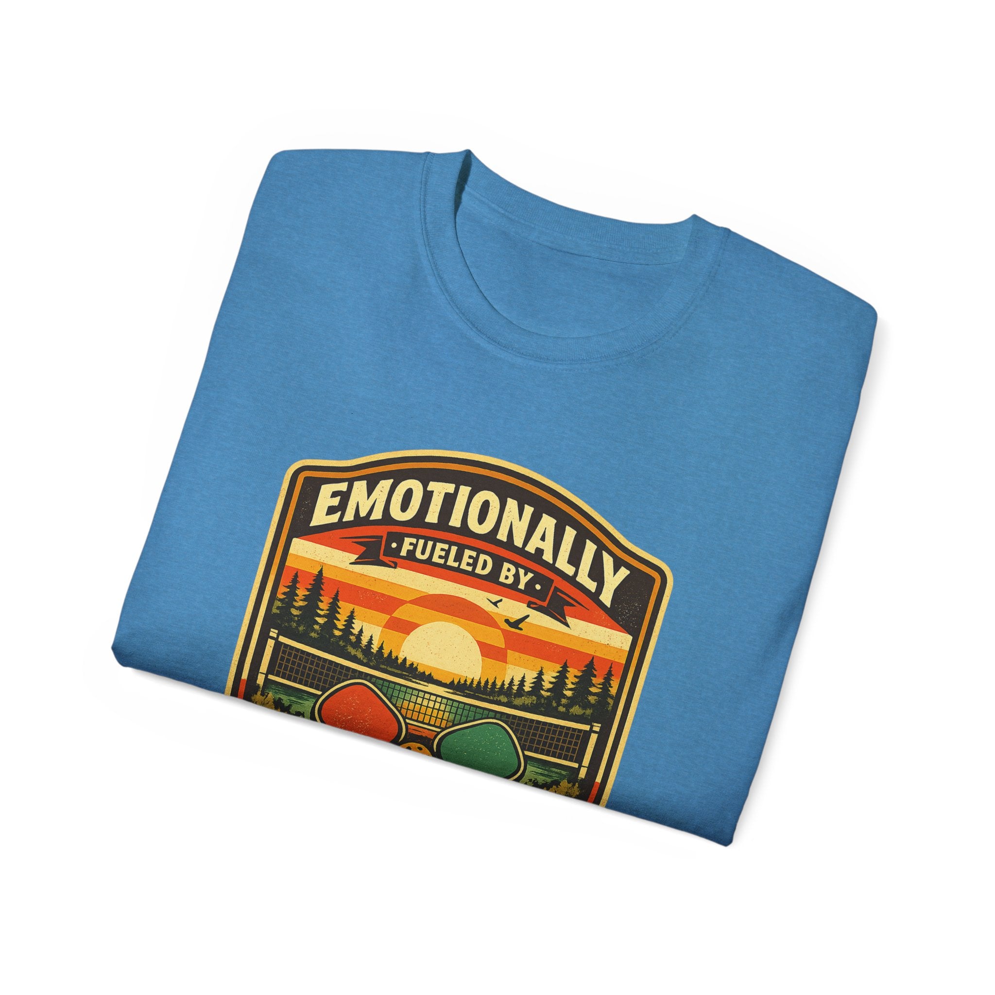 Pickleball Sunset Badge T‑Shirt  Emotionally Fueled by Pickleball