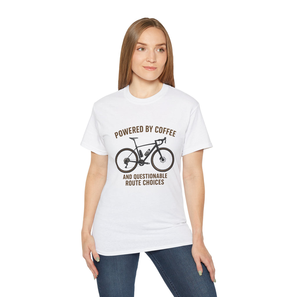 Unisex Coffee-Powered gravel Bike T-Shirt — "Powered by Coffee and Questionable Route Choices"