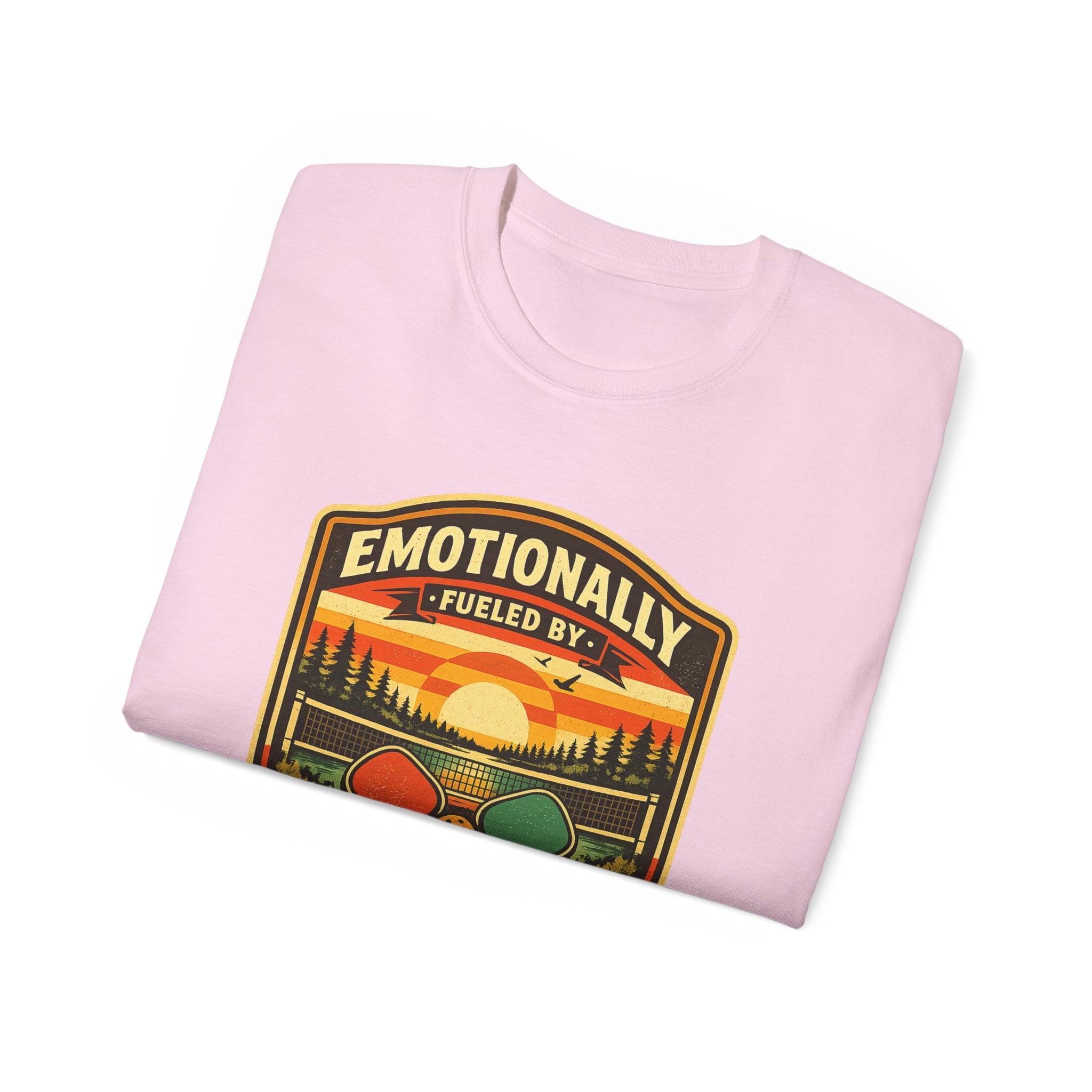 Pickleball Sunset Badge T‑Shirt  Emotionally Fueled by Pickleball