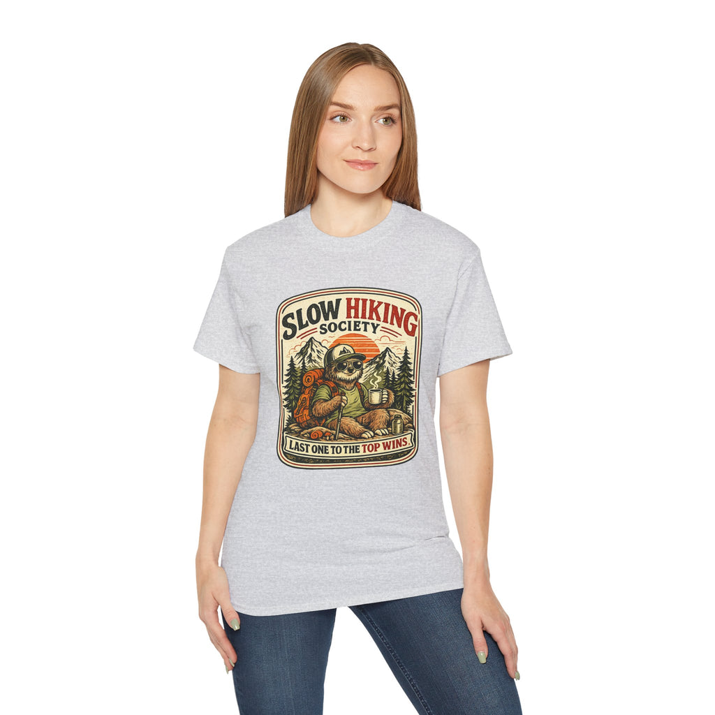 Slow Hiking Society T-Shirt — 'Last One to the Top Wins' Vintage Outdoor Tee