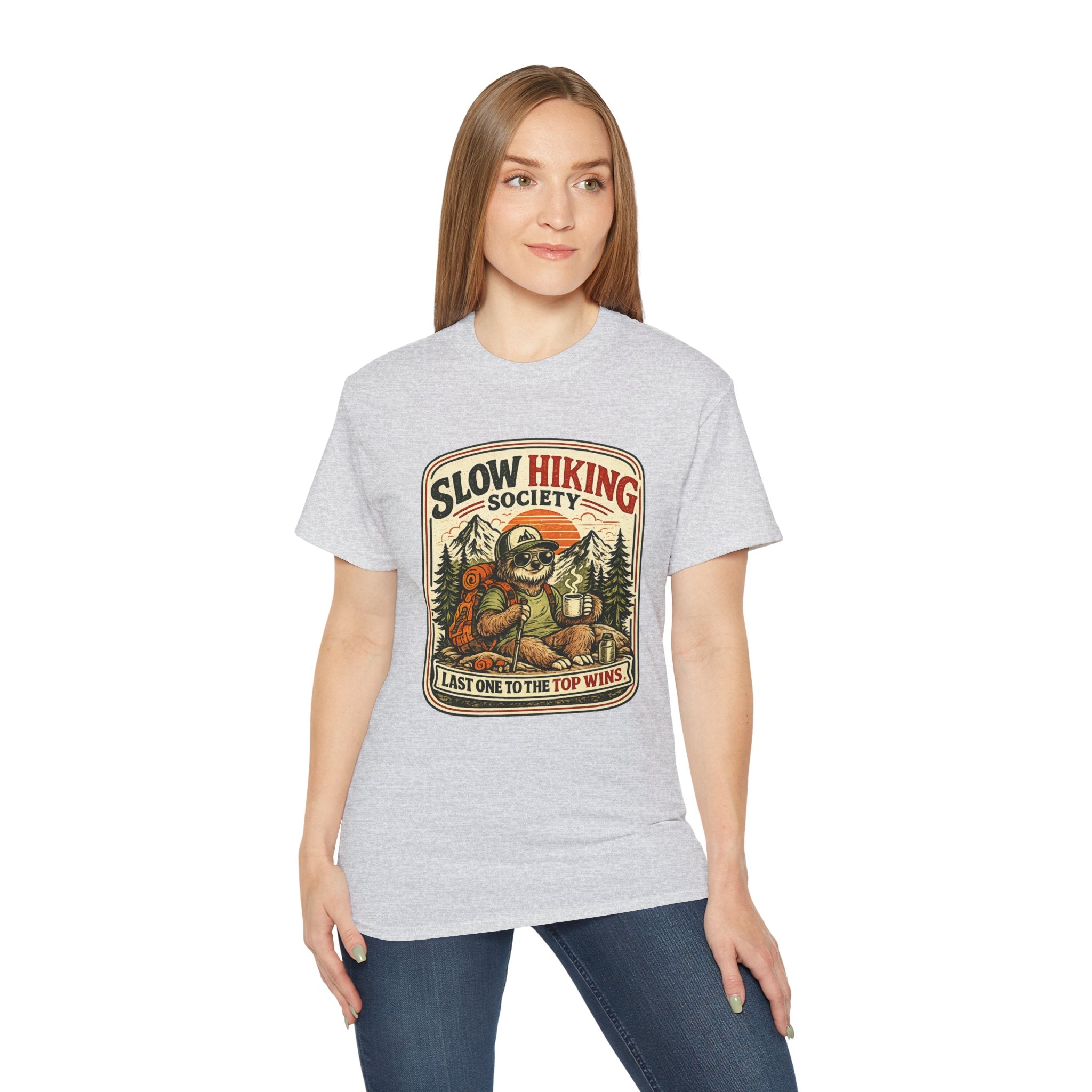 Slow Hiking Society T-Shirt — 'Last One to the Top Wins' Vintage Outdoor Tee