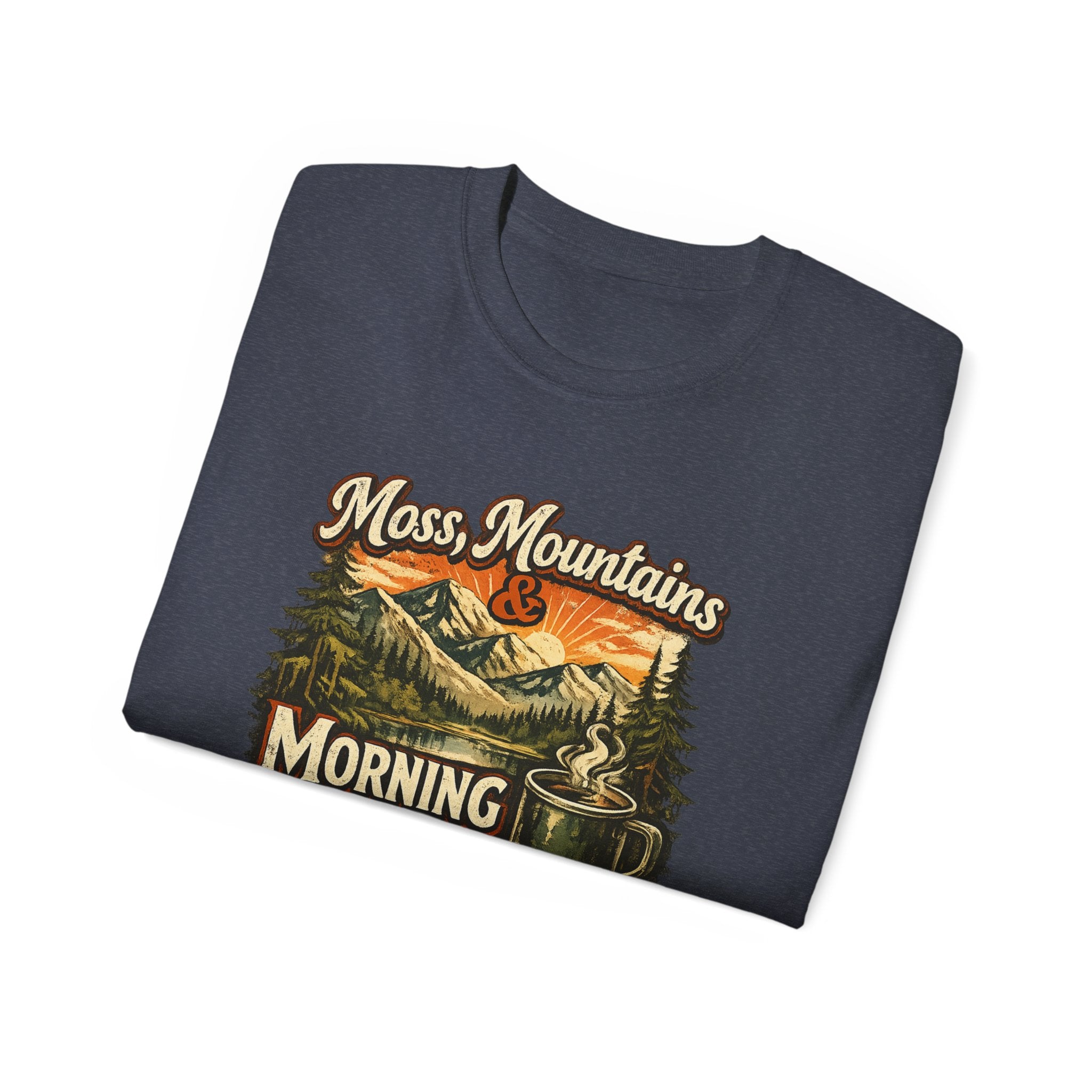 Moss, Mountains & Morning Coffee Tee — Vintage Camping Coffee T‑Shirt