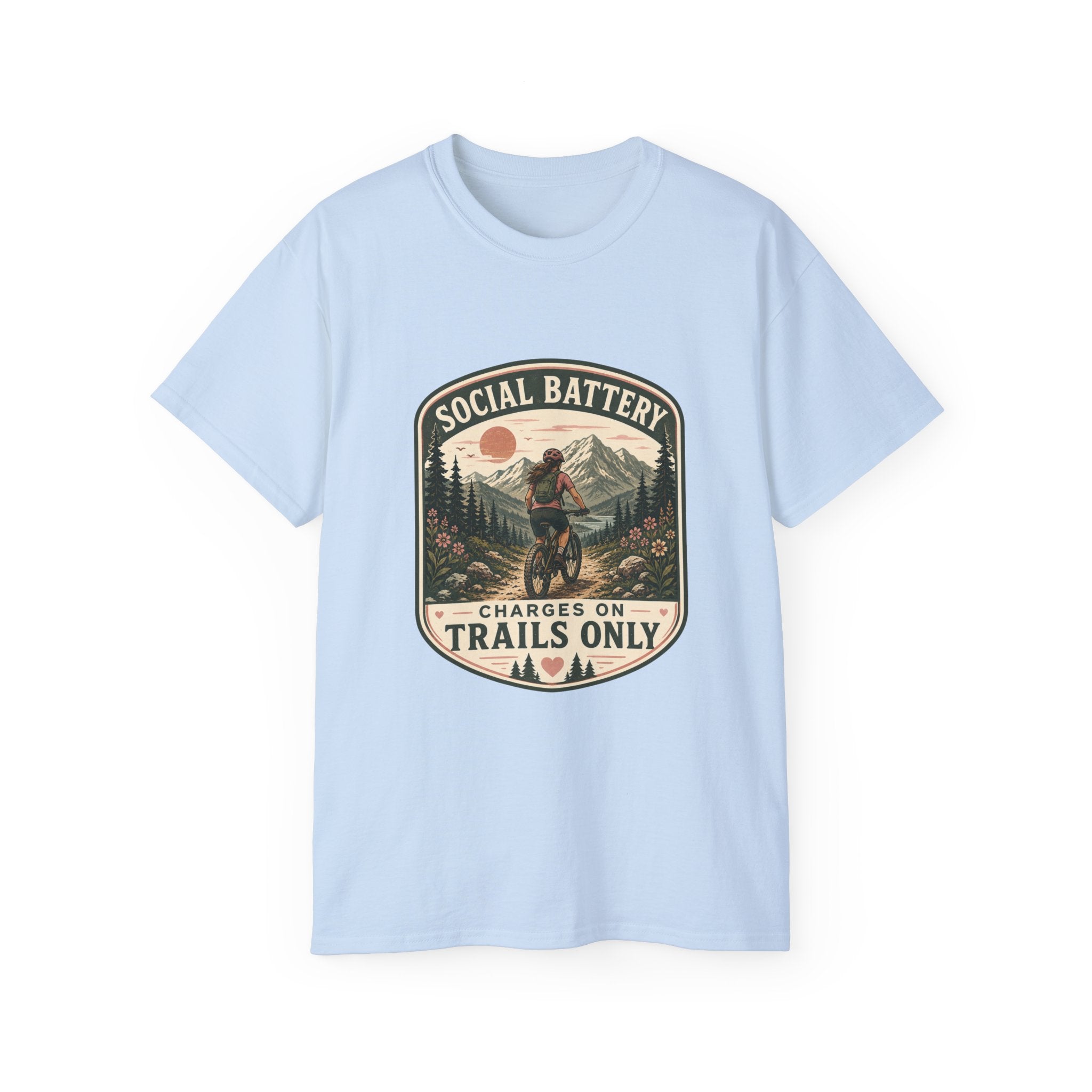 Woman’s Mountain biking T-Shirt — “Social Battery Charges On Trails Only” Outdoor Adventure Tee