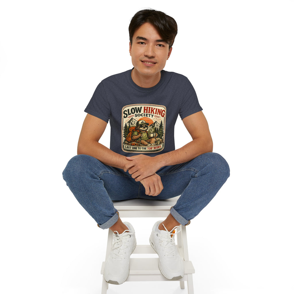 Slow Hiking Society T-Shirt — 'Last One to the Top Wins' Vintage Outdoor Tee