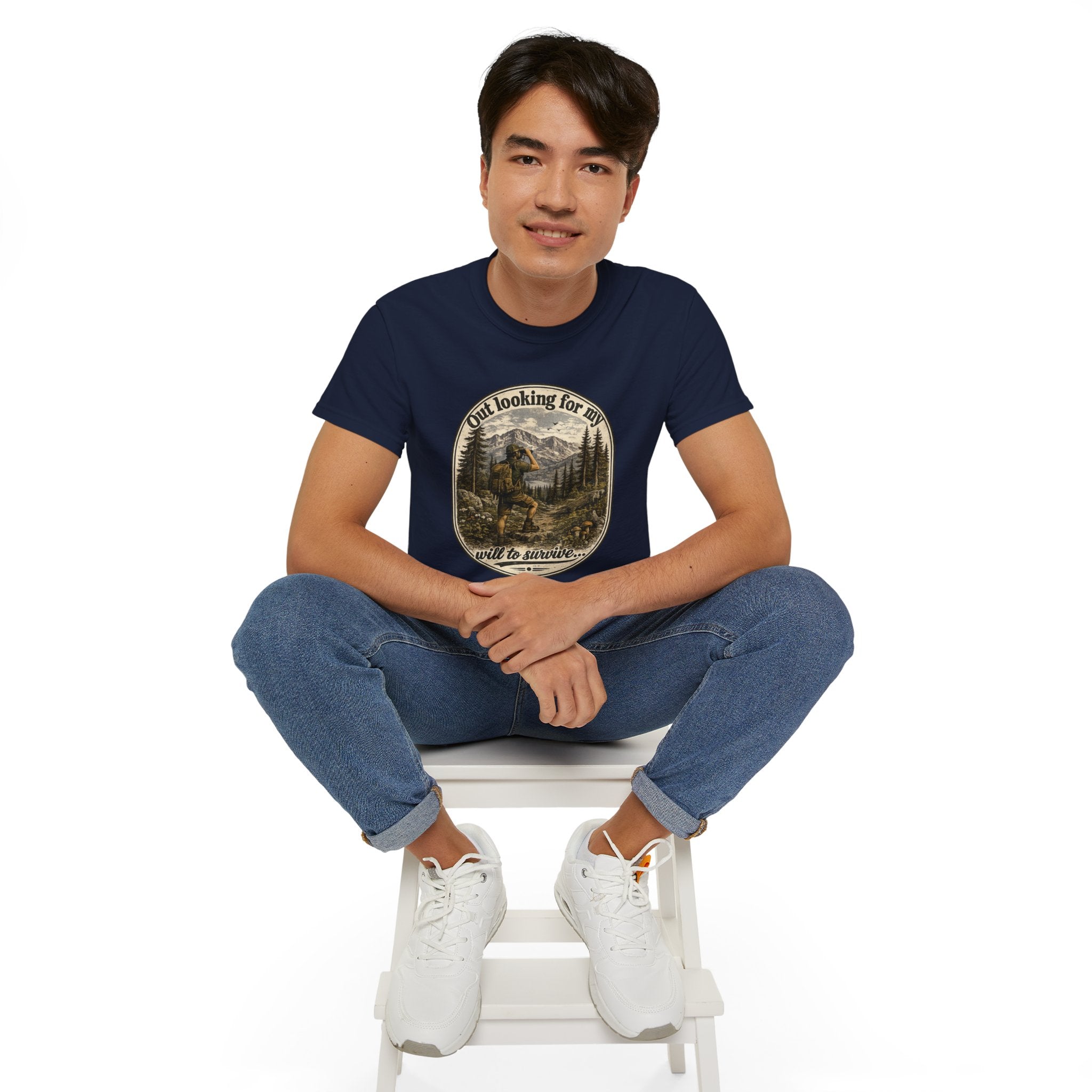 Adventure Graphic Tee — “Out Looking for My Will to Survive” Mountain Hiking Shirt
