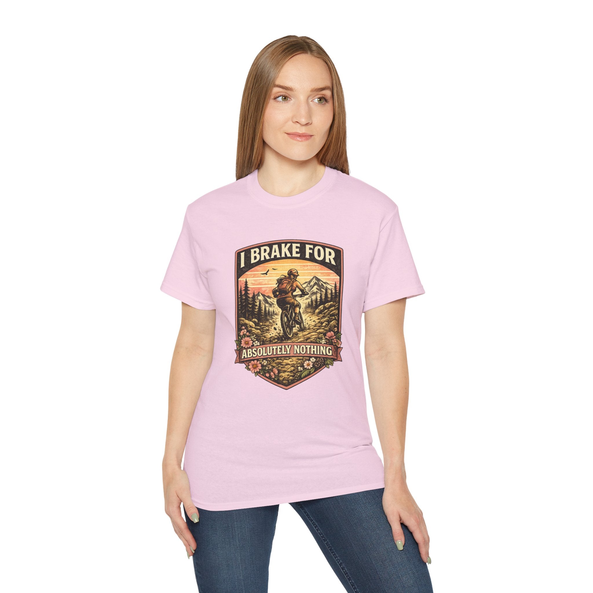 I Brake For Absolutely Nothing womans mountain biking Tee shirt  Vintage Outdoors MTB Tee