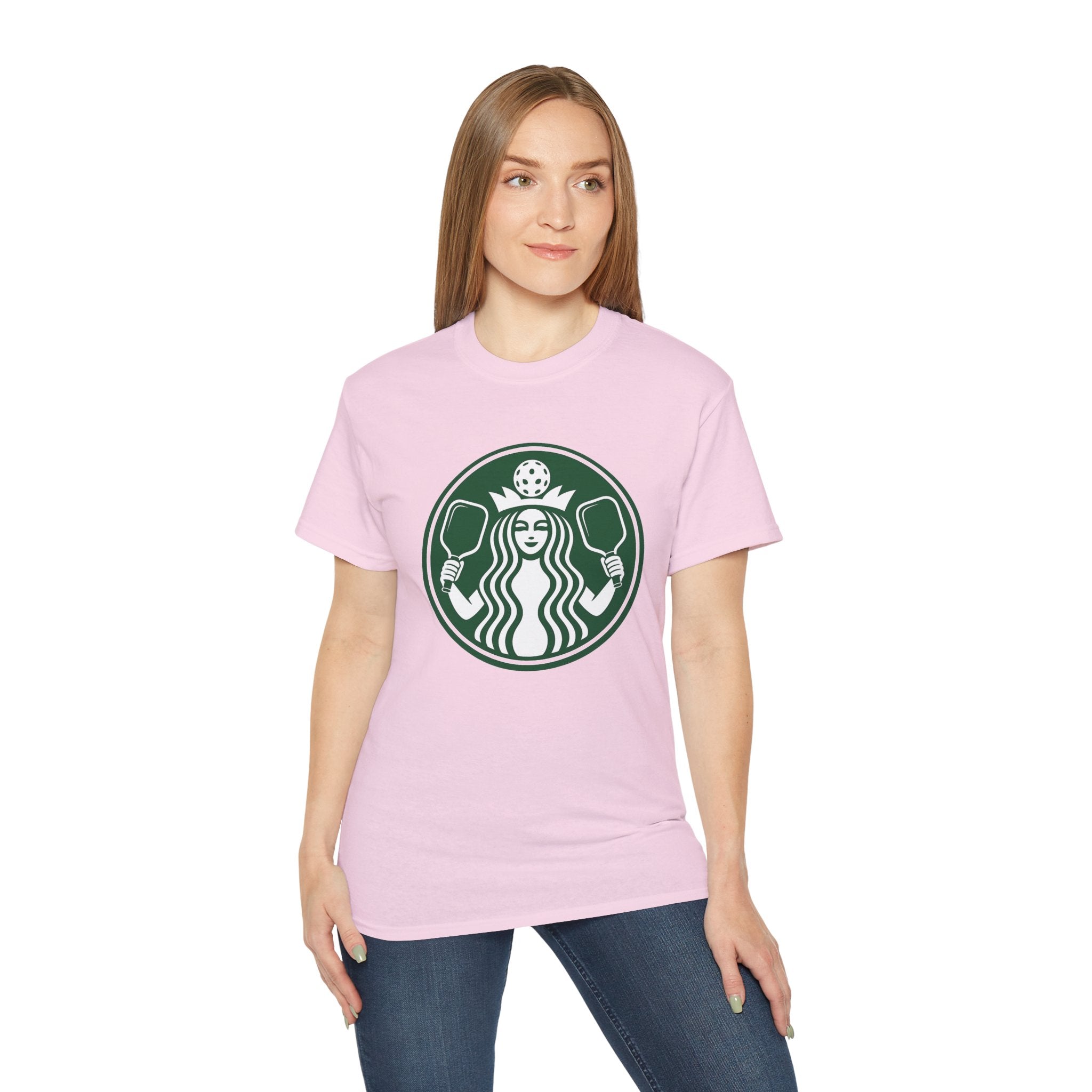 Coffee pickleball Logo Tee — Retro Mermaid Holding paddles Graphic T-Shirt