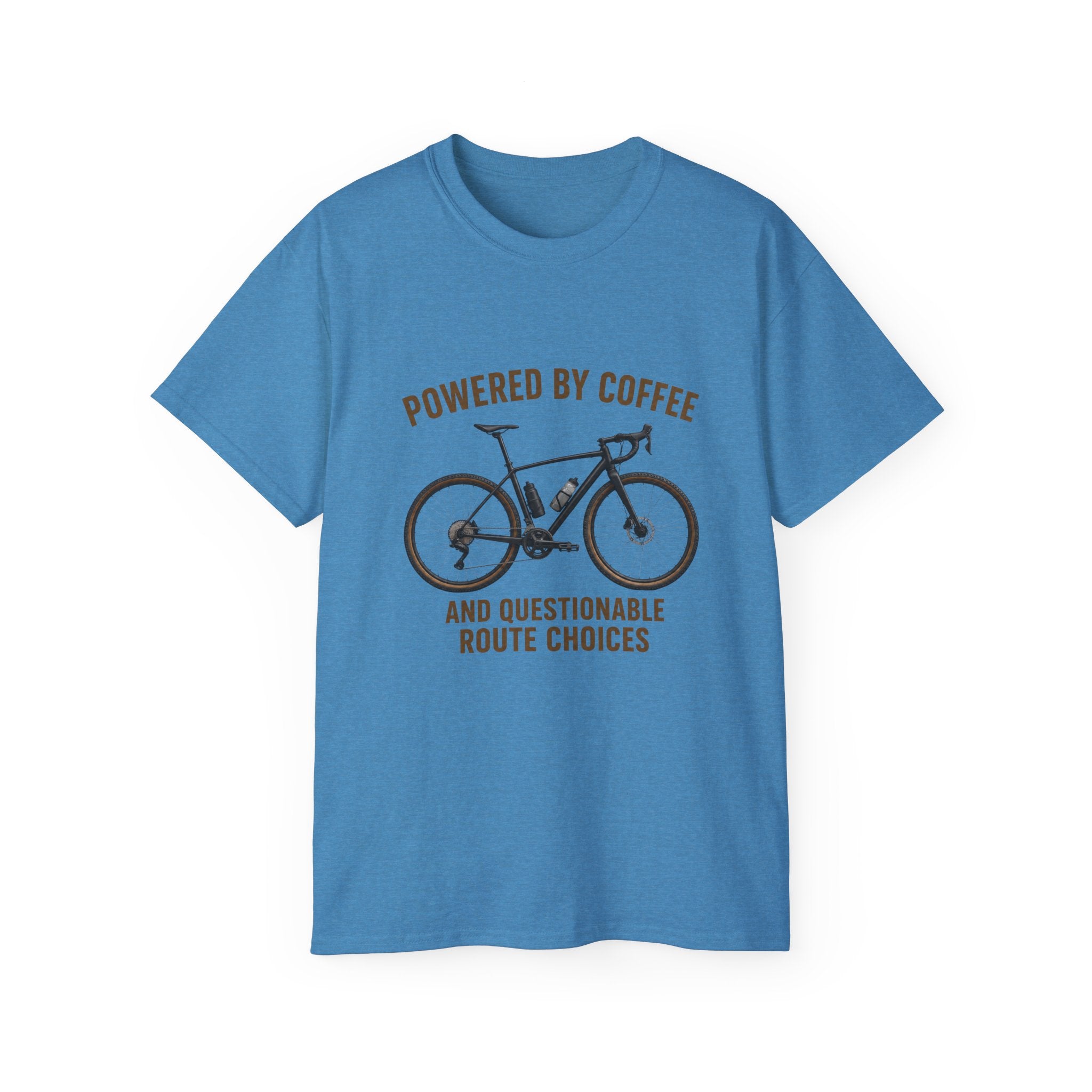 Unisex Coffee-Powered gravel Bike T-Shirt — "Powered by Coffee and Questionable Route Choices"