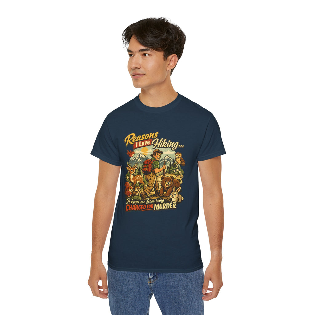 Hiking T-Shirt — Men’s "Reasons I Love Hiking... It Keeps Me From Being Charged For Murder" Vintage Outdoor Tee