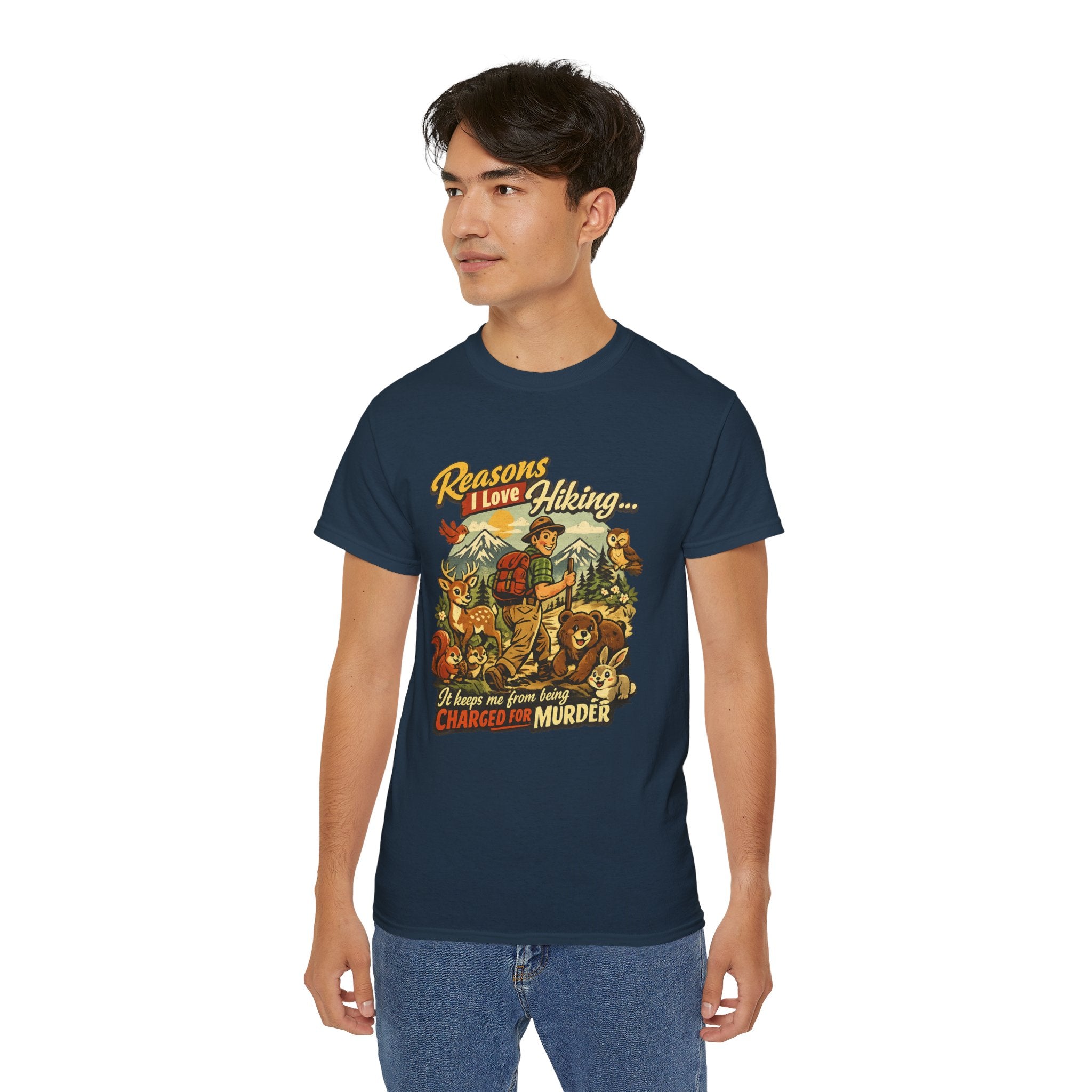 Hiking T-Shirt — Men’s "Reasons I Love Hiking... It Keeps Me From Being Charged For Murder" Vintage Outdoor Tee