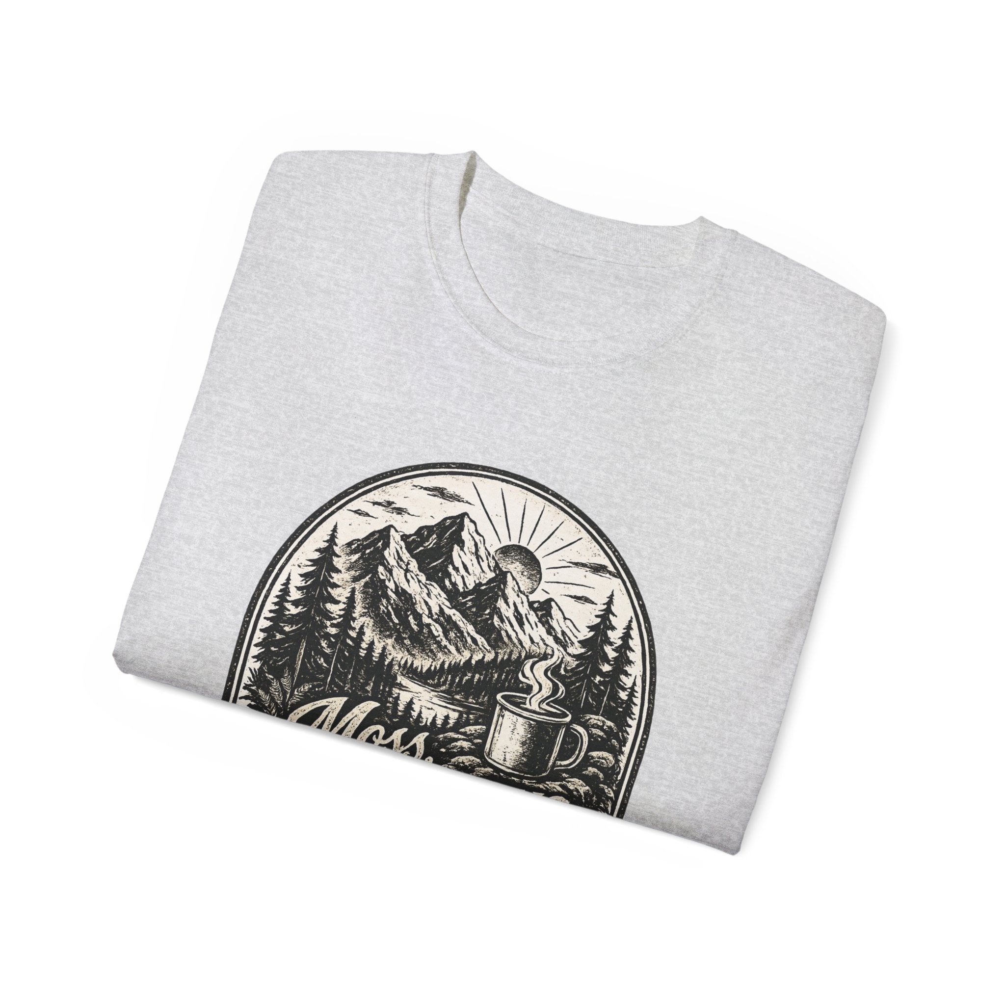 Moss, Mountains & Morning Coffee T-Shirt — Vintage Camping Coffee Tee