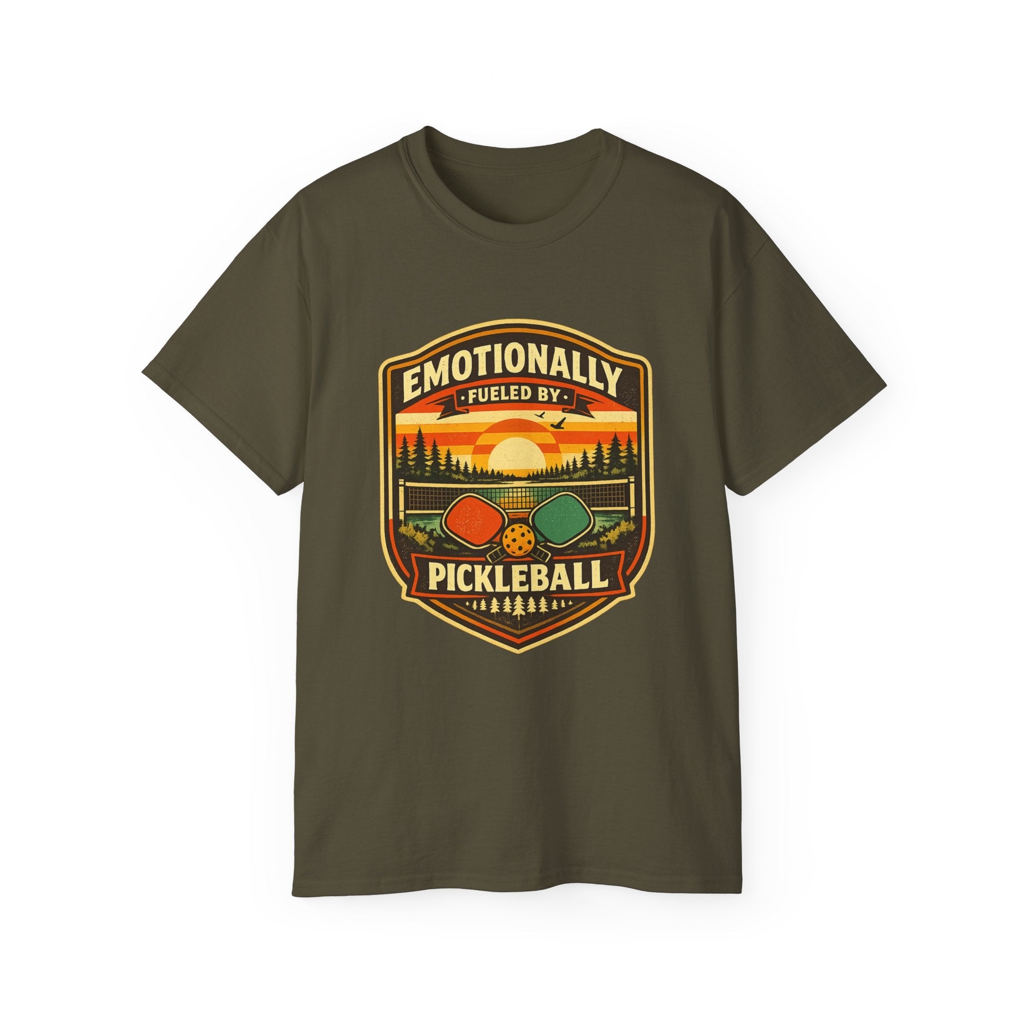 Pickleball Sunset Badge T‑Shirt  Emotionally Fueled by Pickleball