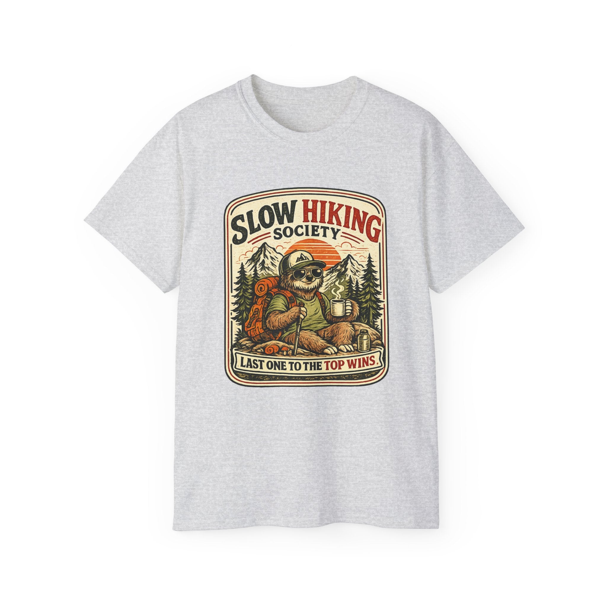 Slow Hiking Society T-Shirt — 'Last One to the Top Wins' Vintage Outdoor Tee