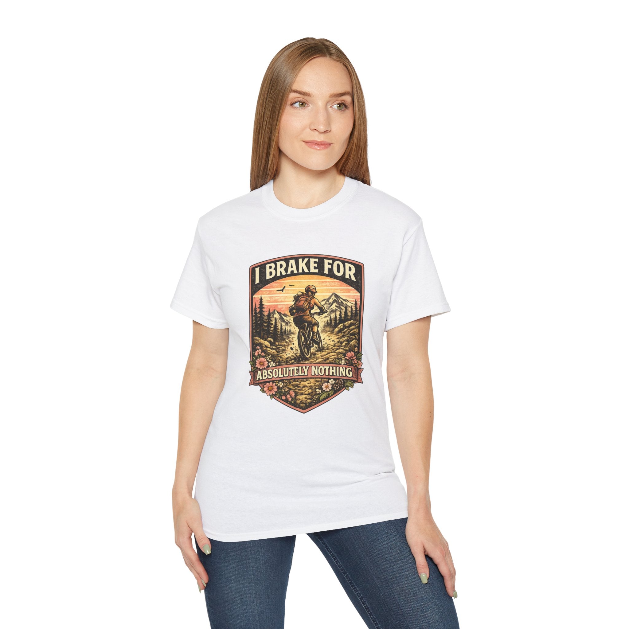 I Brake For Absolutely Nothing womans mountain biking Tee shirt  Vintage Outdoors MTB Tee