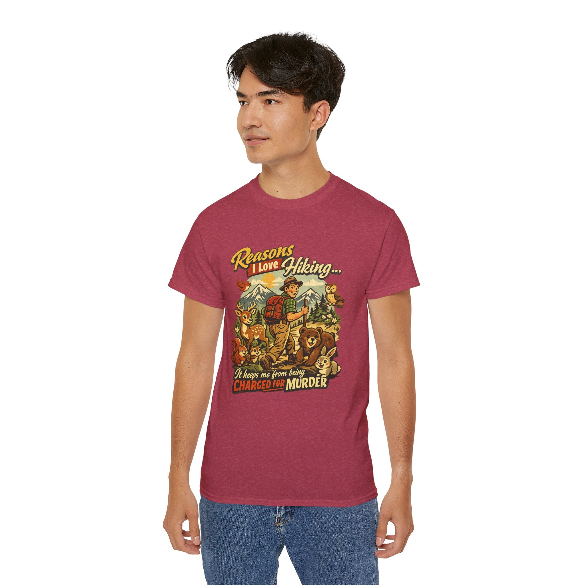 Hiking T-Shirt — Men’s "Reasons I Love Hiking... It Keeps Me From Being Charged For Murder" Vintage Outdoor Tee