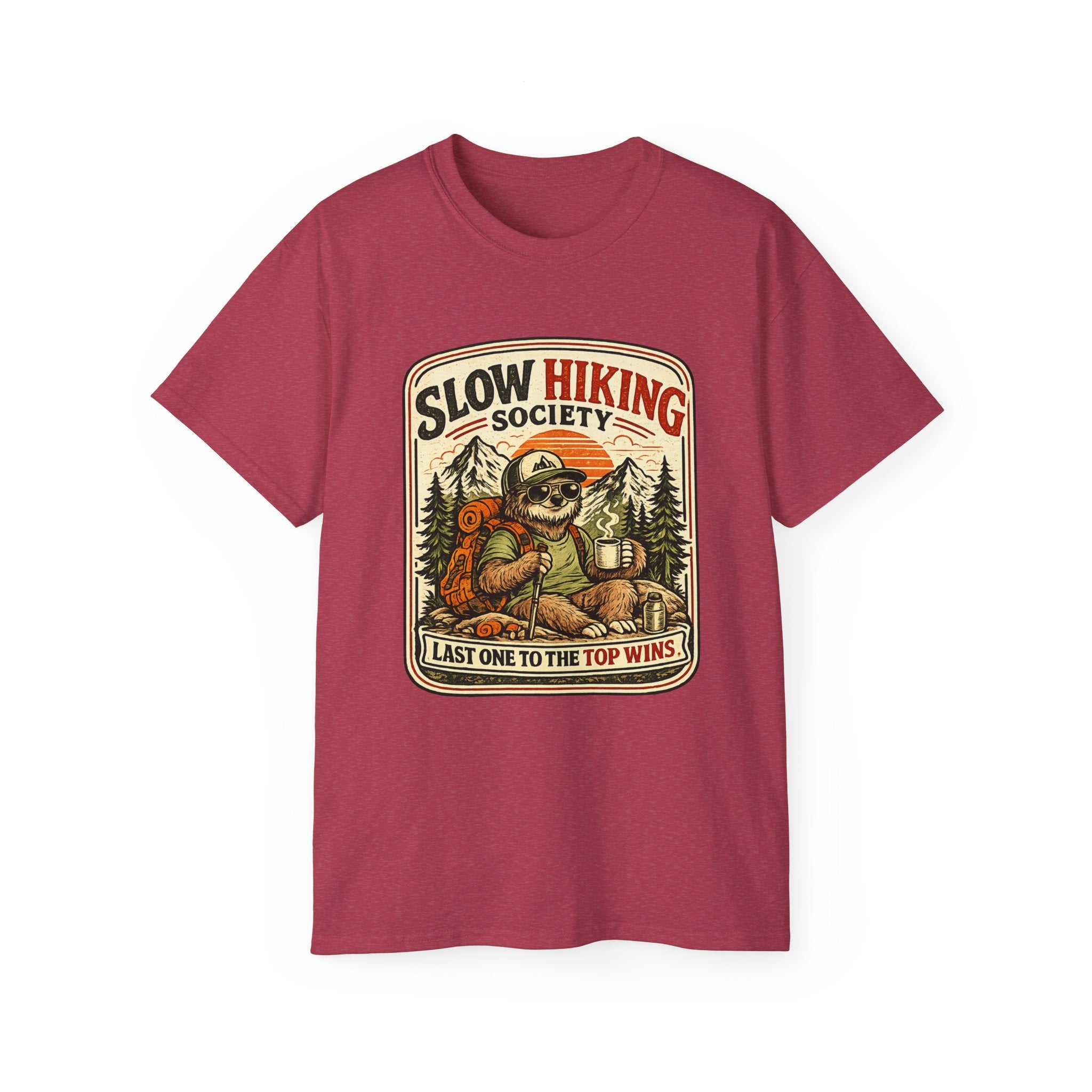 Slow Hiking Society T-Shirt — 'Last One to the Top Wins' Vintage Outdoor Tee
