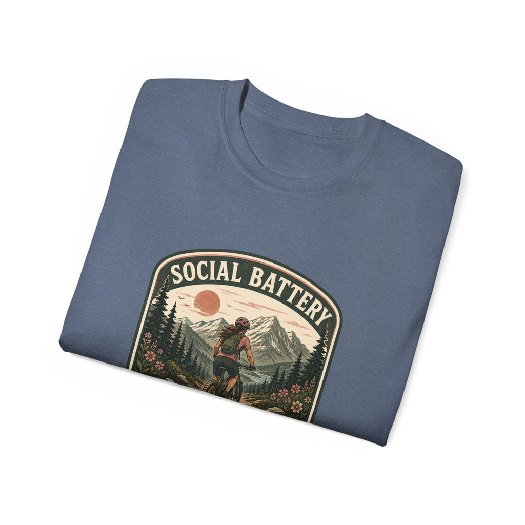 Woman’s Mountain biking T-Shirt — “Social Battery Charges On Trails Only” Outdoor Adventure Tee