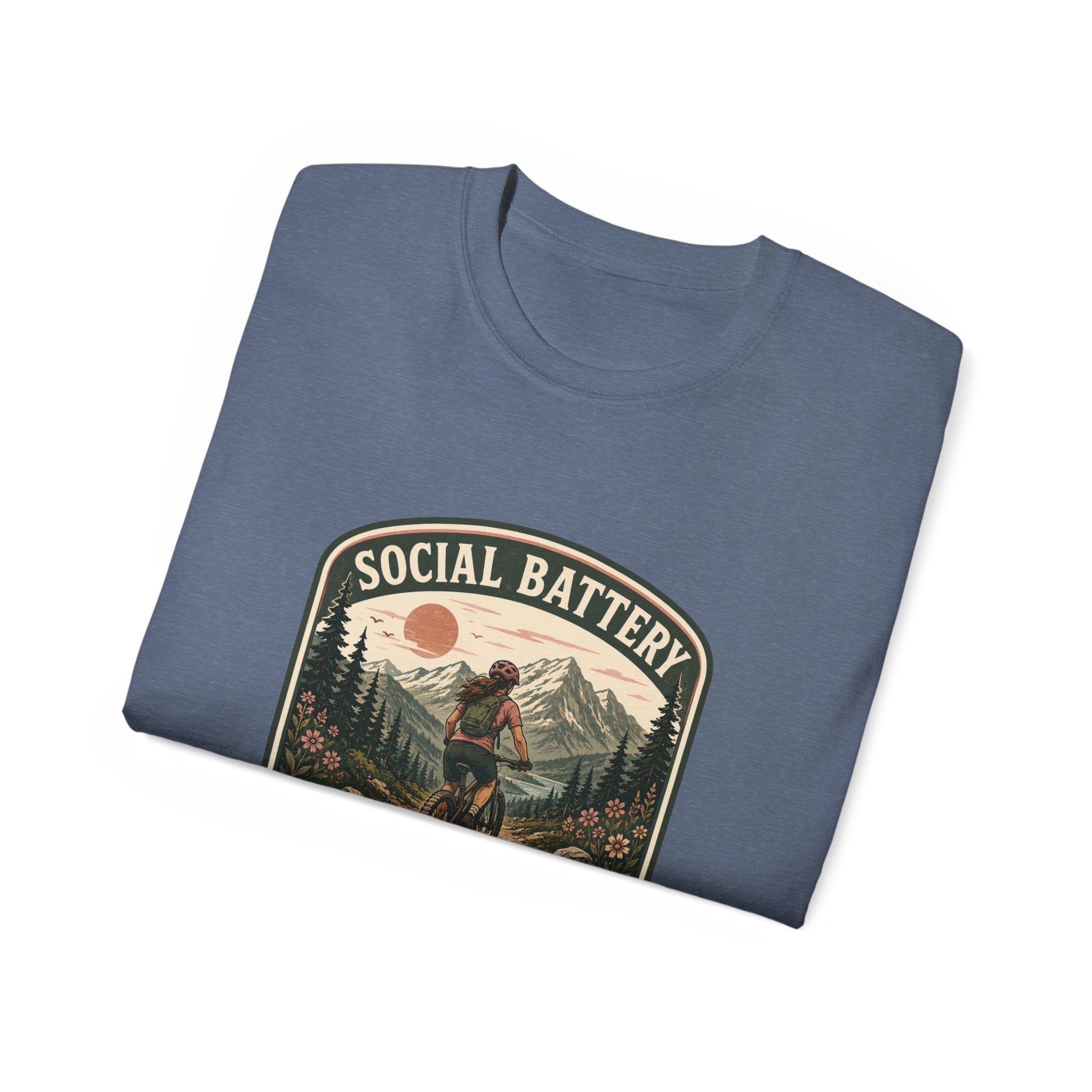 Woman’s Mountain biking T-Shirt — “Social Battery Charges On Trails Only” Outdoor Adventure Tee
