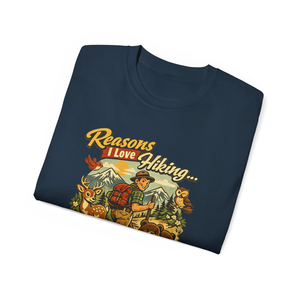 Hiking T-Shirt — Men’s "Reasons I Love Hiking... It Keeps Me From Being Charged For Murder" Vintage Outdoor Tee