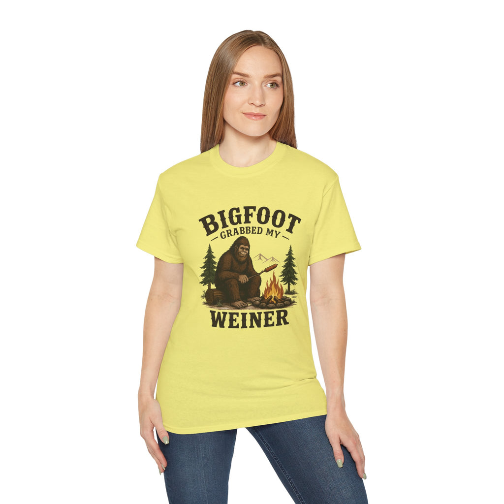 Bigfoot Grabbed My Weiner T-Shirt — Funny Camping Sasquatch Tee