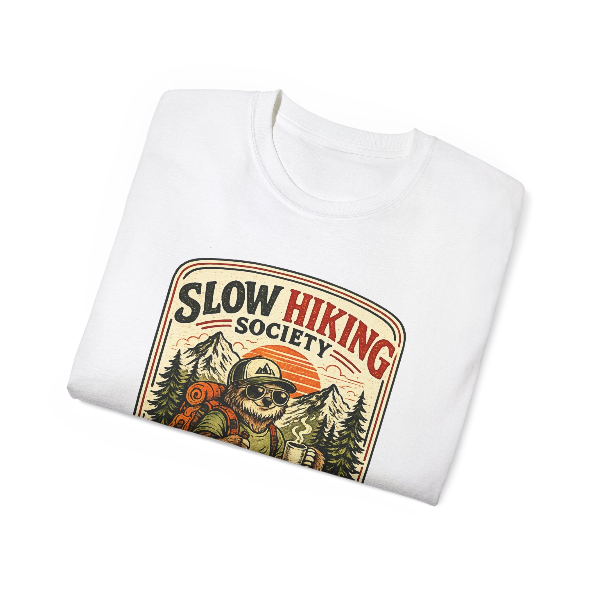 Slow Hiking Society T-Shirt — 'Last One to the Top Wins' Vintage Outdoor Tee