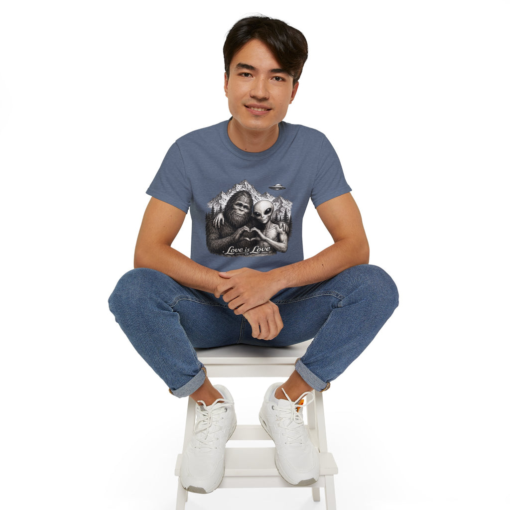 Love Is Love Tee — Bigfoot & Alien Heart Graphic T-Shirt