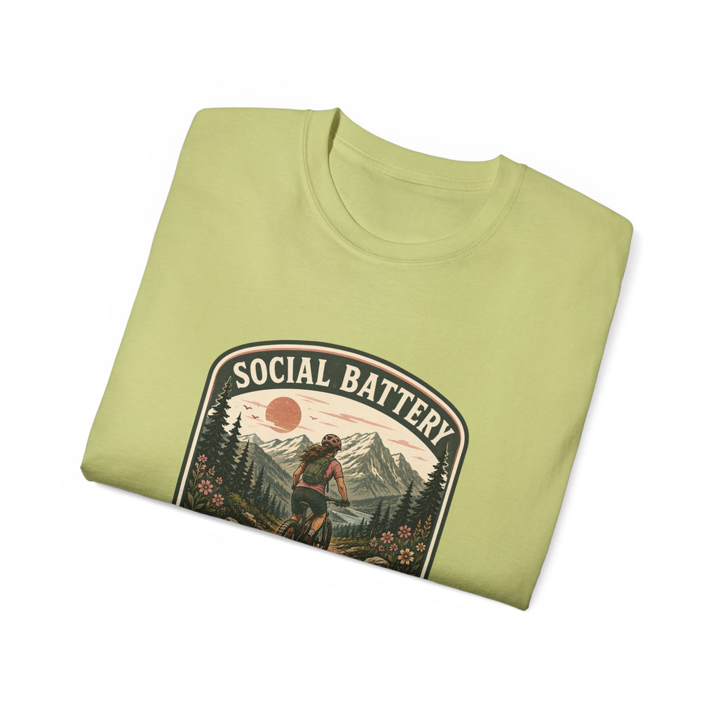 Woman’s Mountain biking T-Shirt — “Social Battery Charges On Trails Only” Outdoor Adventure Tee