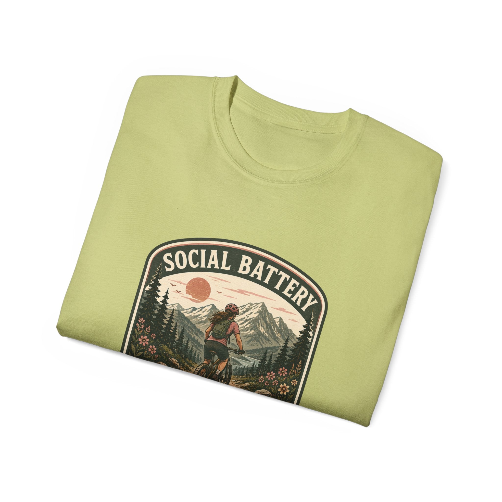 Woman’s Mountain biking T-Shirt — “Social Battery Charges On Trails Only” Outdoor Adventure Tee