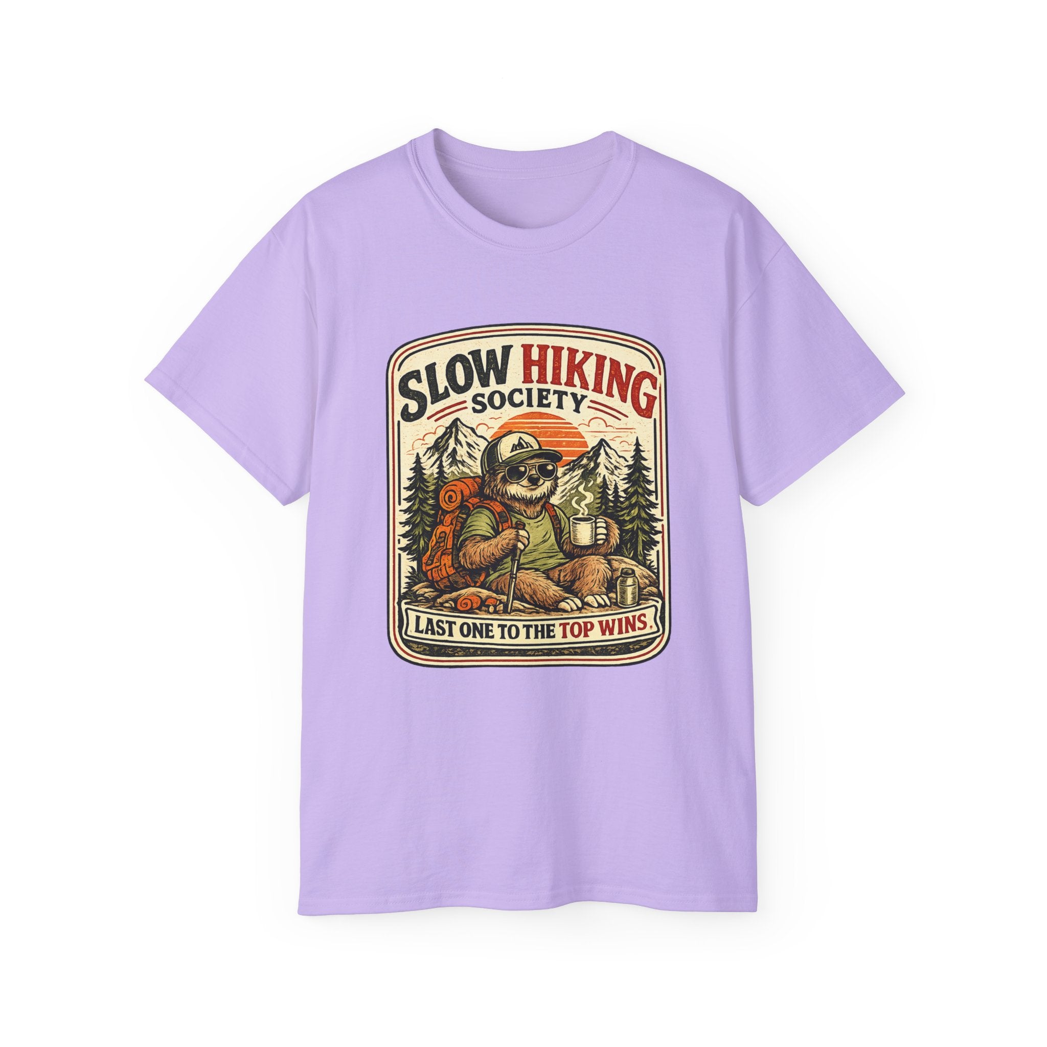 Slow Hiking Society T-Shirt — 'Last One to the Top Wins' Vintage Outdoor Tee