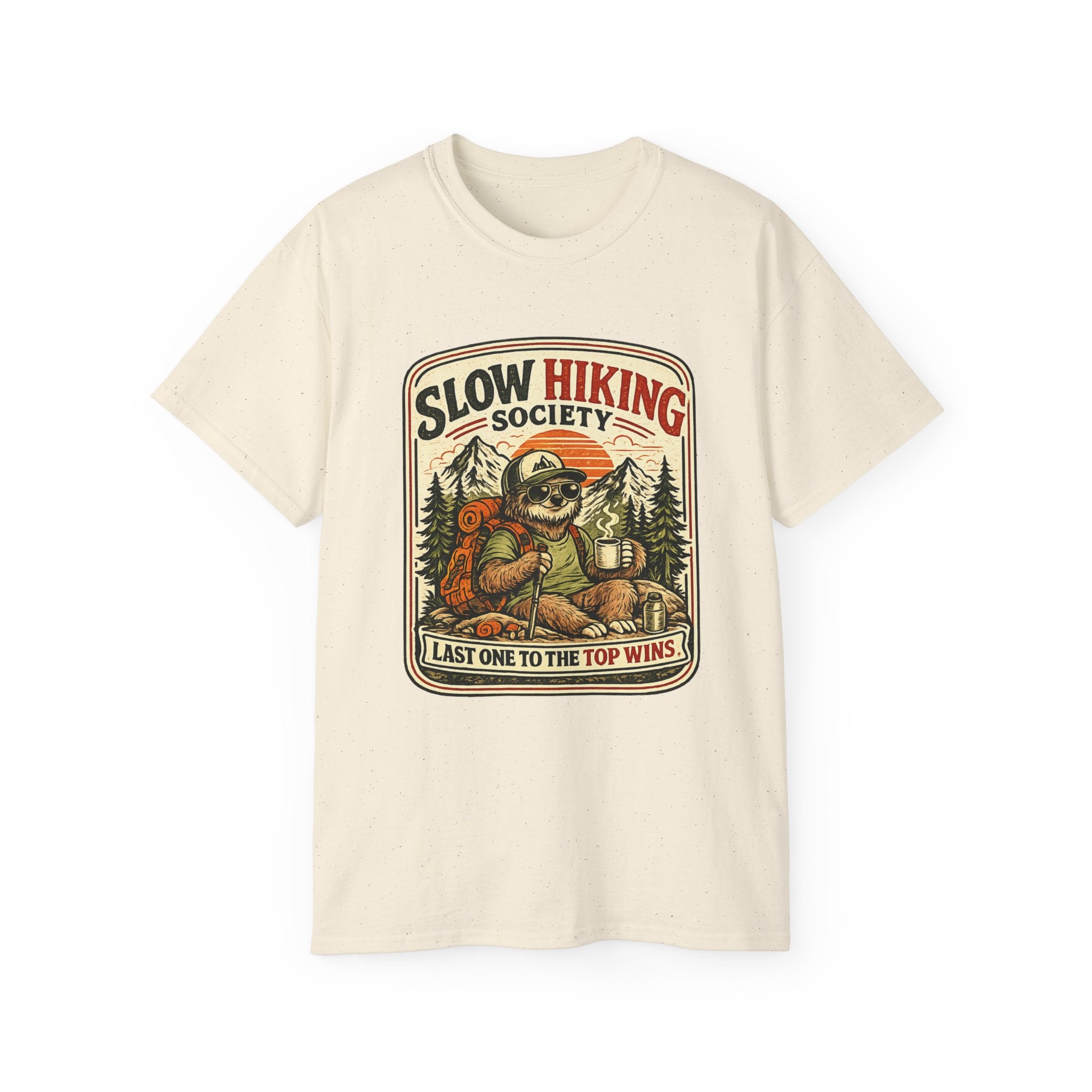 Slow Hiking Society T-Shirt — 'Last One to the Top Wins' Vintage Outdoor Tee