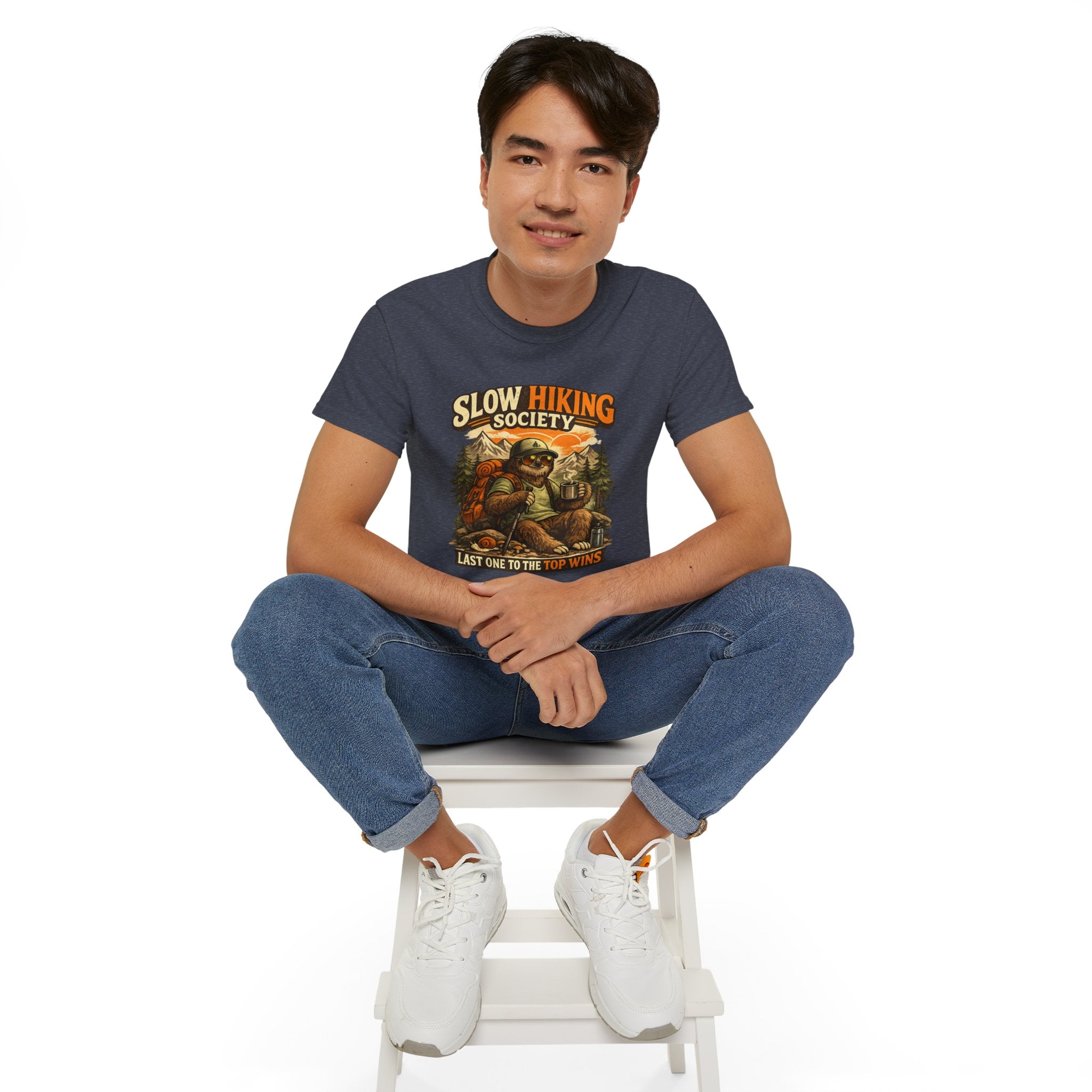 Slow Hiking Society T-Shirt — "Last One to the Top Wins" Vintage Outdoor Tee