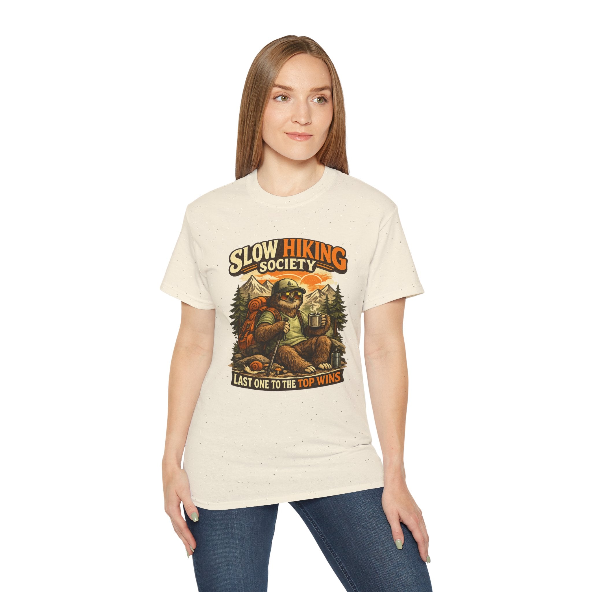 Slow Hiking Society T-Shirt — "Last One to the Top Wins" Vintage Outdoor Tee