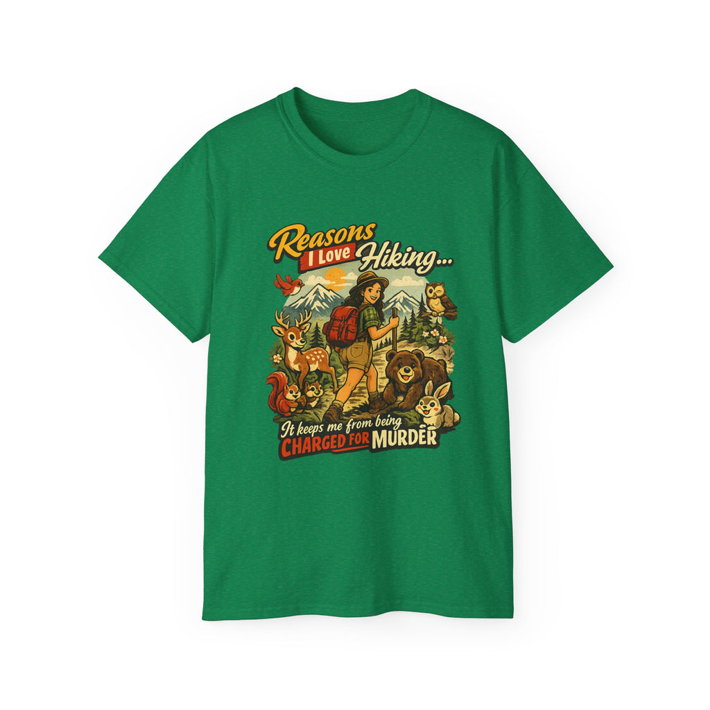 Hiking T-Shirt — "Reasons I Love Hiking... It Keeps Me From Being Charged For Murder" Retro Outdoor Tee