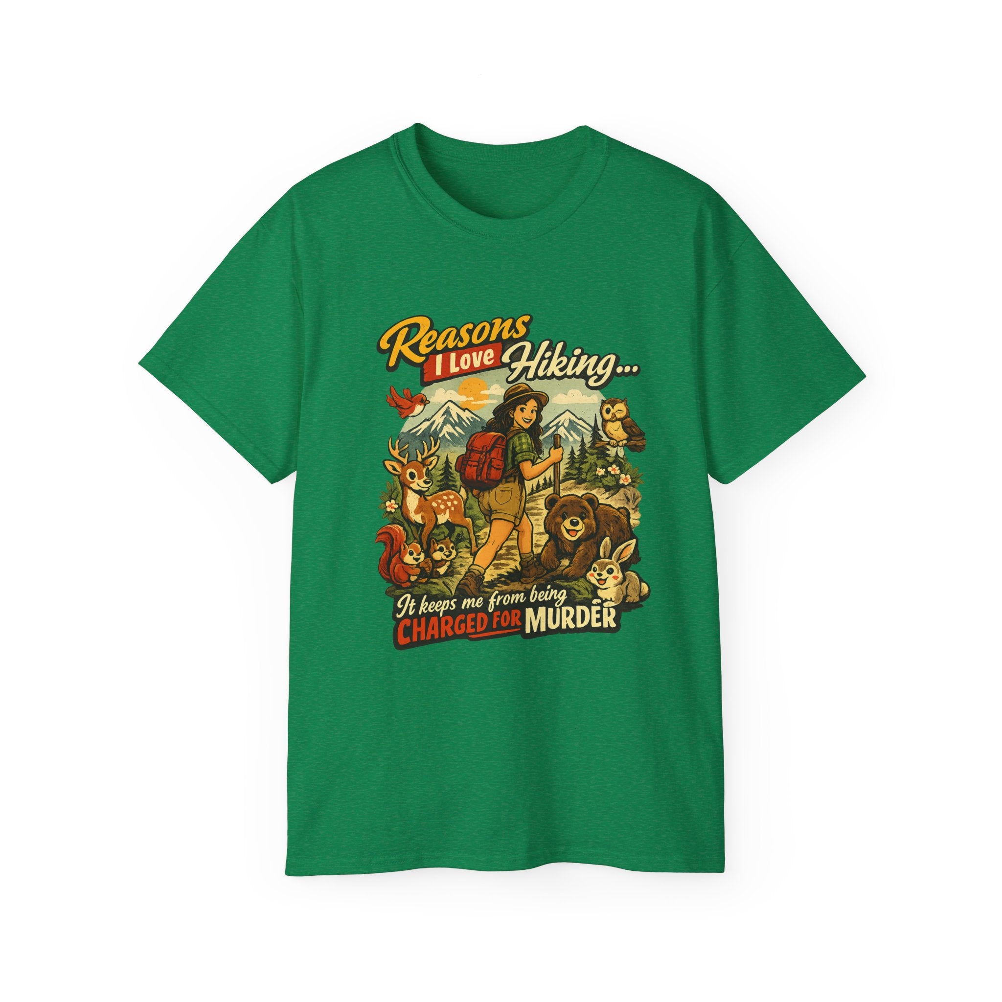 Hiking T-Shirt — "Reasons I Love Hiking... It Keeps Me From Being Charged For Murder" Retro Outdoor Tee