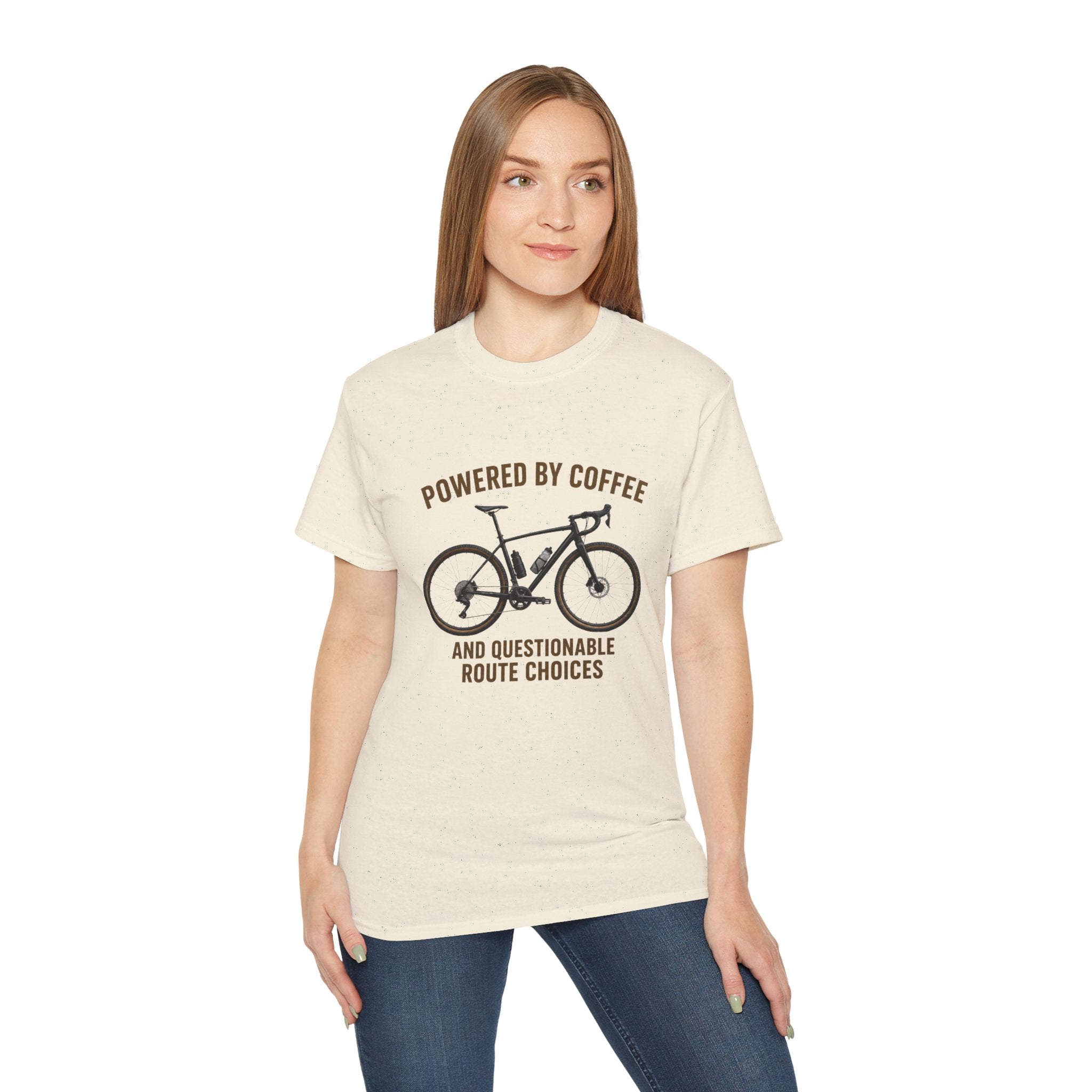Unisex Coffee-Powered gravel Bike T-Shirt — "Powered by Coffee and Questionable Route Choices"
