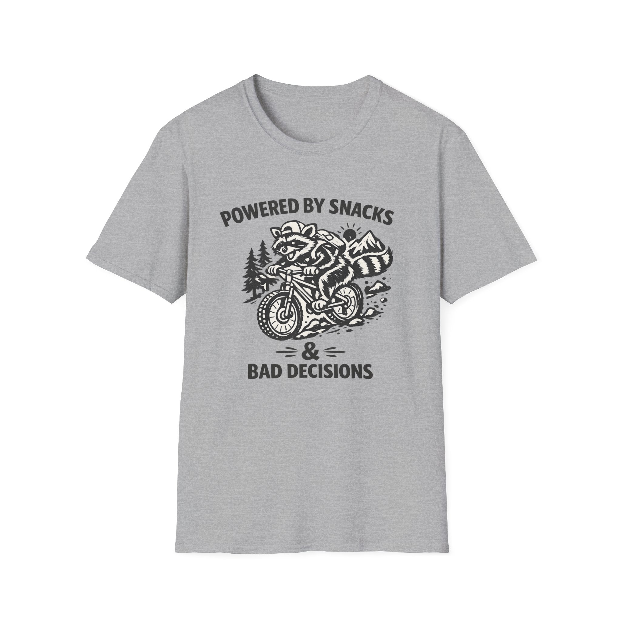 Mountain biking Tee Shirt  Powered by Snacks and Bad Decisions Graphic Tee