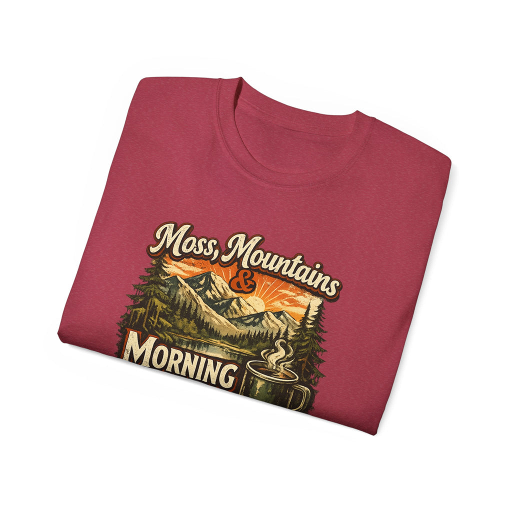 Moss, Mountains & Morning Coffee Tee — Vintage Camping Coffee T‑Shirt