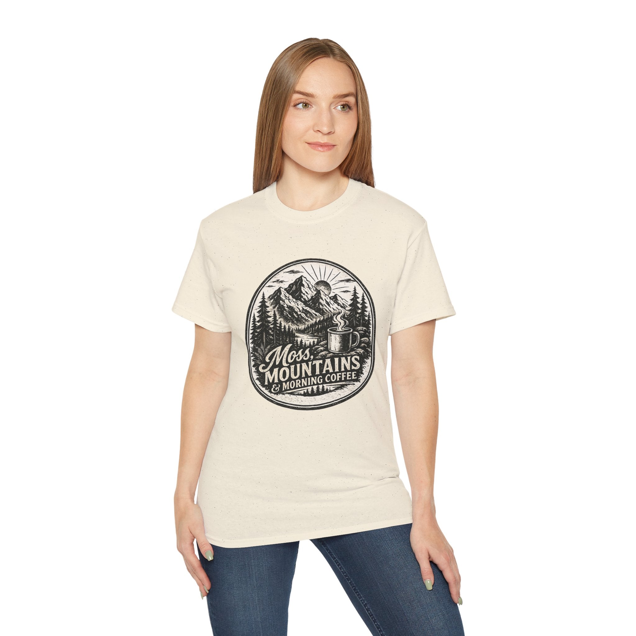 Moss, Mountains & Morning Coffee T-Shirt — Vintage Camping Coffee Tee