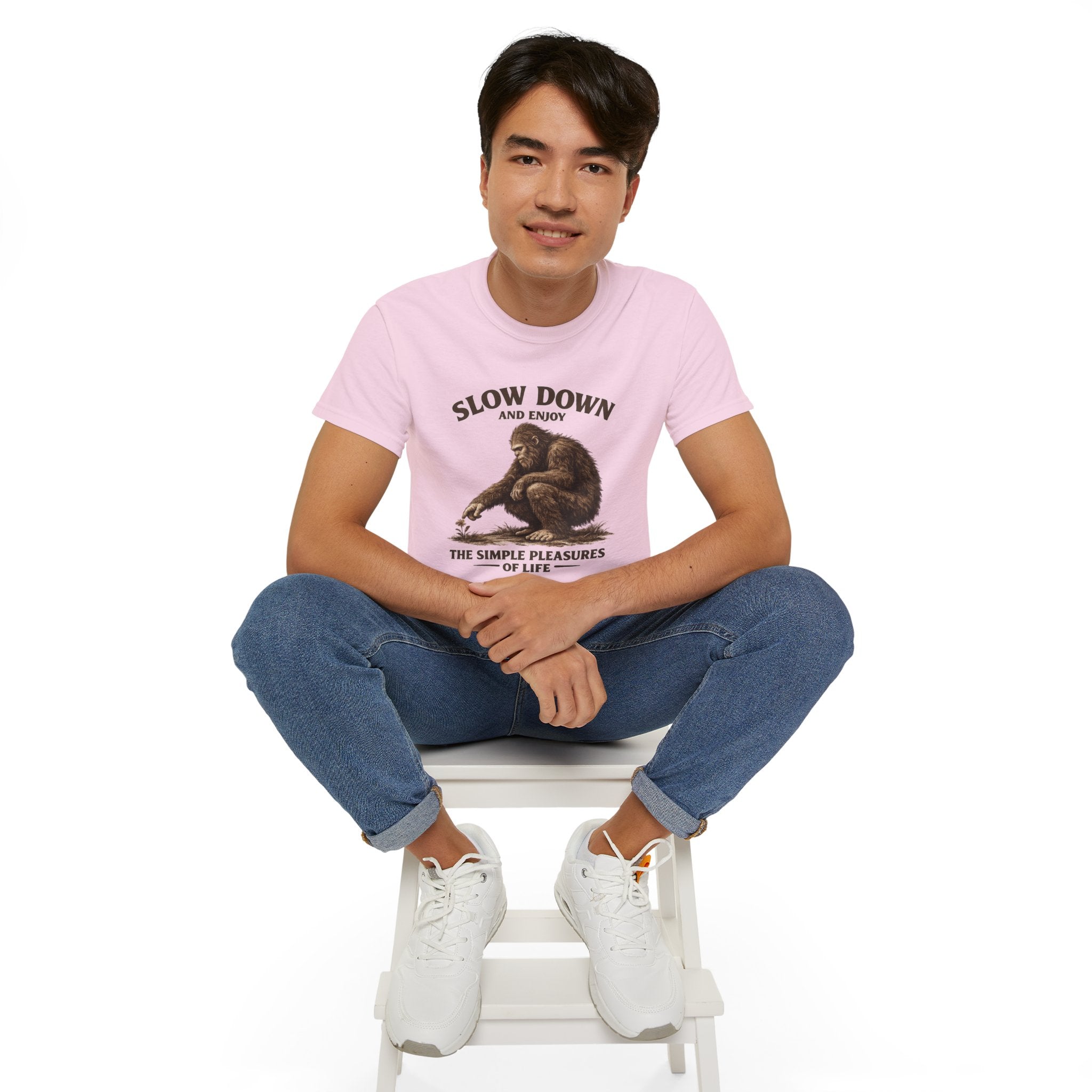 Slow Down BigFoot Tee — "Slow Down and Enjoy the Simple Pleasures of Life" Cotton T-Shirt