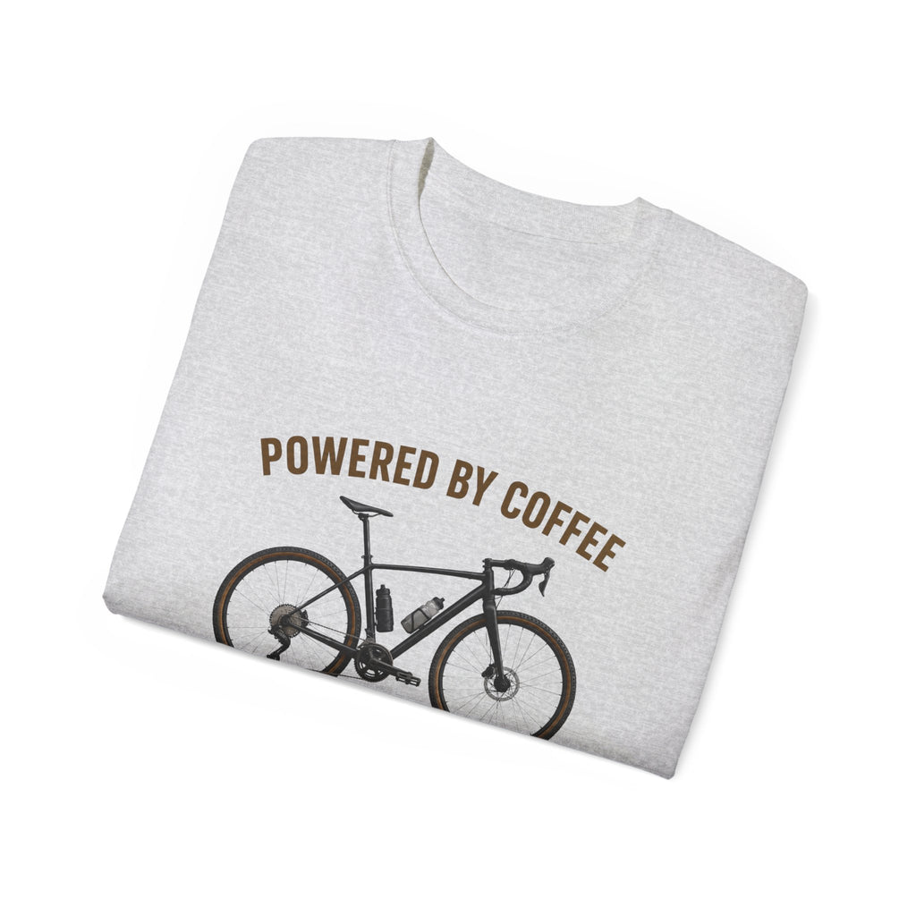 Unisex Coffee-Powered gravel Bike T-Shirt — "Powered by Coffee and Questionable Route Choices"