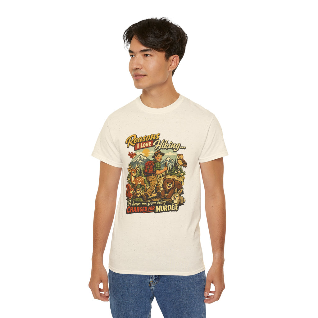 Hiking T-Shirt — Men’s "Reasons I Love Hiking... It Keeps Me From Being Charged For Murder" Vintage Outdoor Tee
