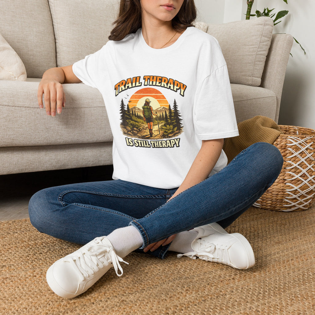 Woman’s Trail Therapy T-Shirt — Female Hiker Sunset Graphic